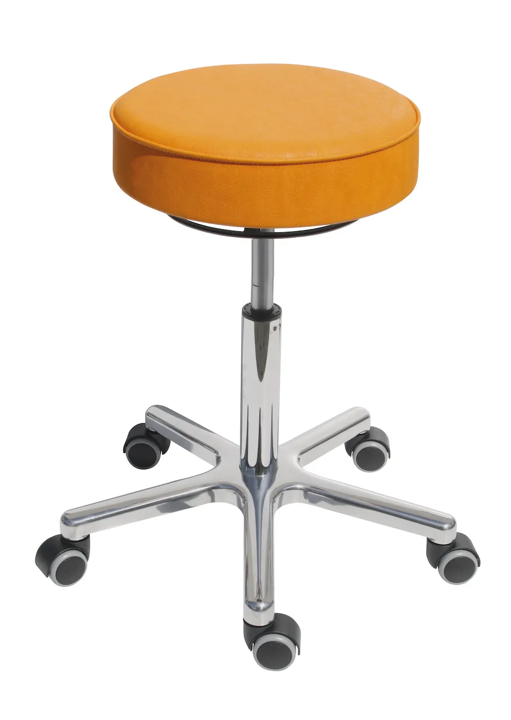 Drehhocker Indianapolis | Sitzhöhe 46-59cm | Ø 53cm | Tragfähigkeit 110kg | Kunstleder-Sitz | Aluminium-Fußkreuz mit Rollen | Gelb