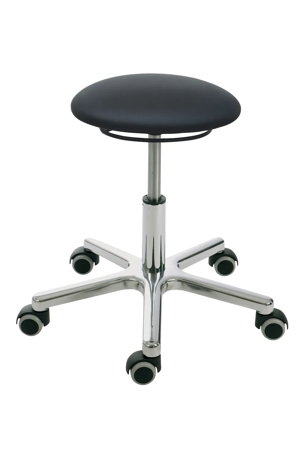 Drehhocker Atlanta | Sitzhöhe 55-73cm | Ø 53cm | Tragfähigkeit 110kg | Kunstleder-Sitz | Aluminium-Fußkreuz mit Rollen | Ringauslösung | Schwarz