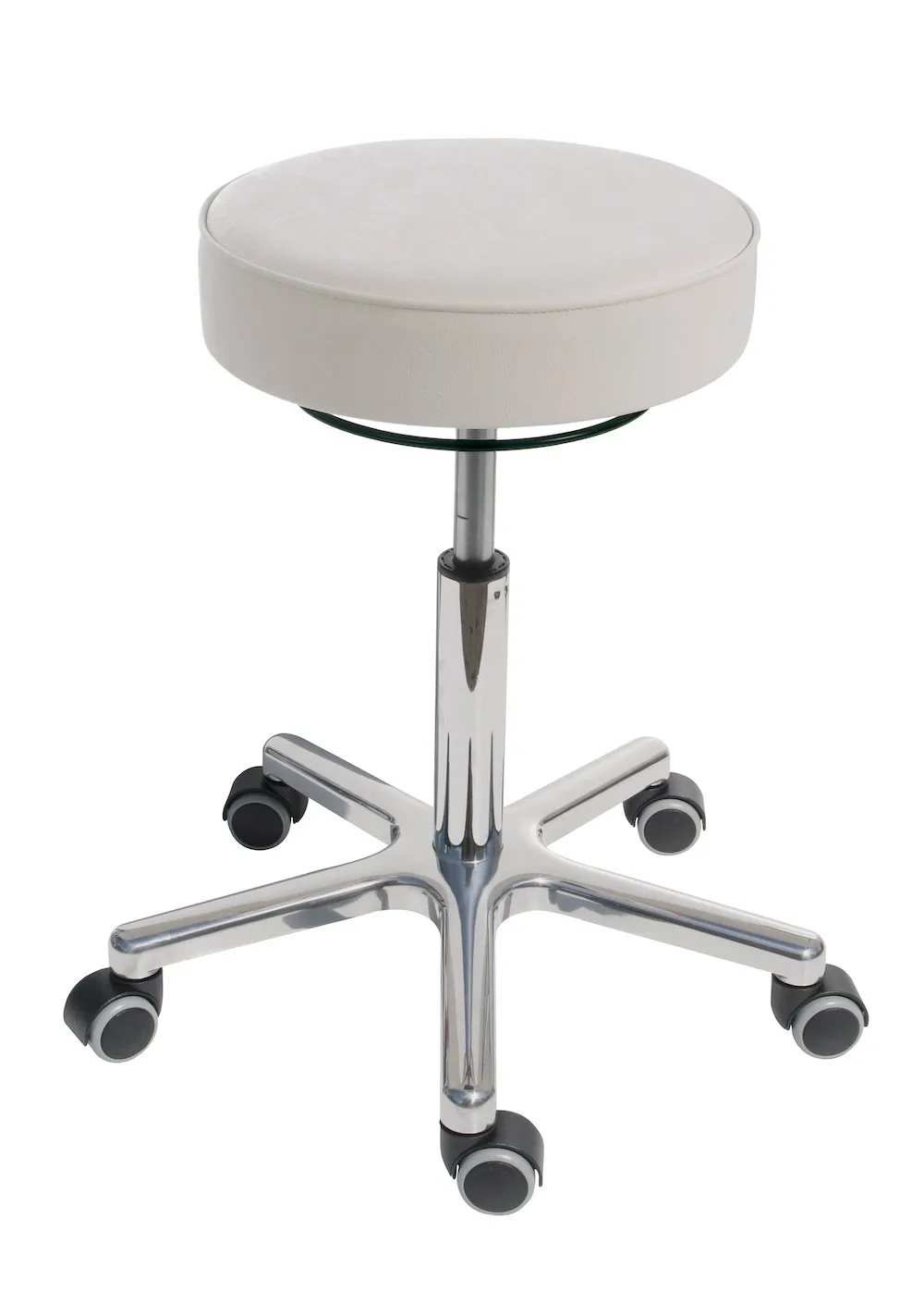 Drehhocker Indianapolis | Sitzhöhe 46-59cm | Ø 53cm | Tragfähigkeit 110kg | Kunstleder-Sitz | Aluminium-Fußkreuz mit Rollen | Weiß