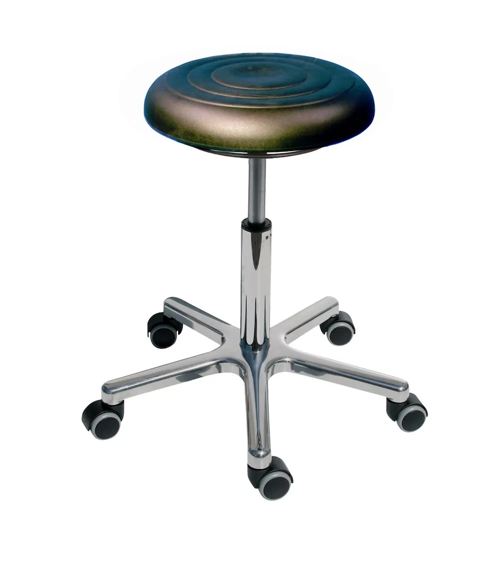 Drehhocker Atlanta | Sitzhöhe 48-66cm | Ø 53cm | Tragfähigkeit 110kg | Polyurethane-Soft Sitz | Aluminium-Fußkreuz mit Rollen | Ringauslösung | Schwarz