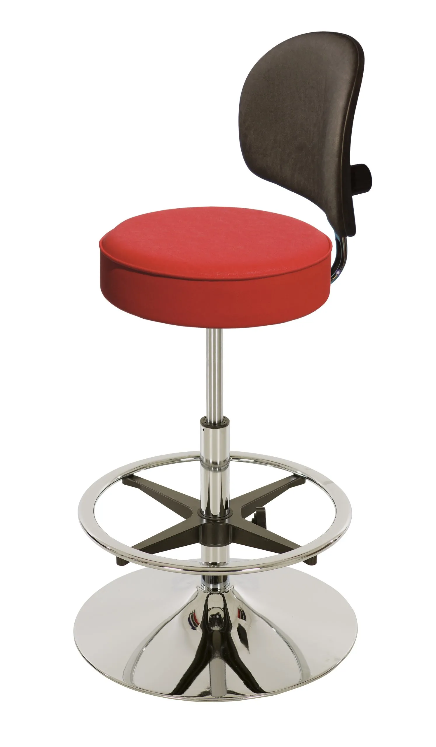 Drehhocker Indianapolis High mit Rückenlehne | Sitzhöhe 58-83cm | Ø 50cm | Tragfähigkeit 110kg | Kunstleder-Sitz | Stahltellerfuß mit Fußring | Feuerrot