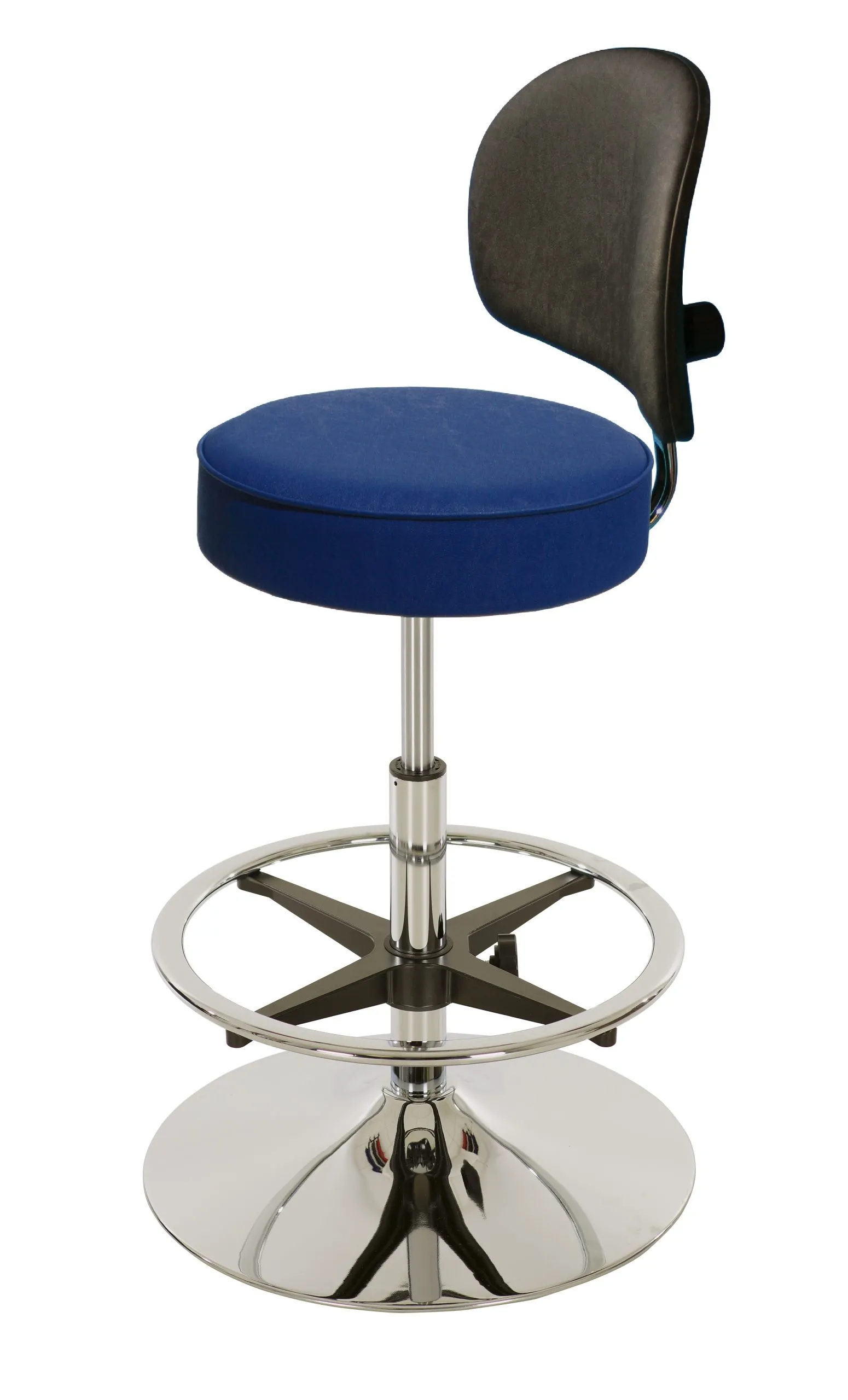 Drehhocker Indianapolis High mit Rückenlehne | Sitzhöhe 58-83cm | Ø 50cm | Tragfähigkeit 110kg | Kunstleder-Sitz | Stahltellerfuß mit Fußring | Atollblau