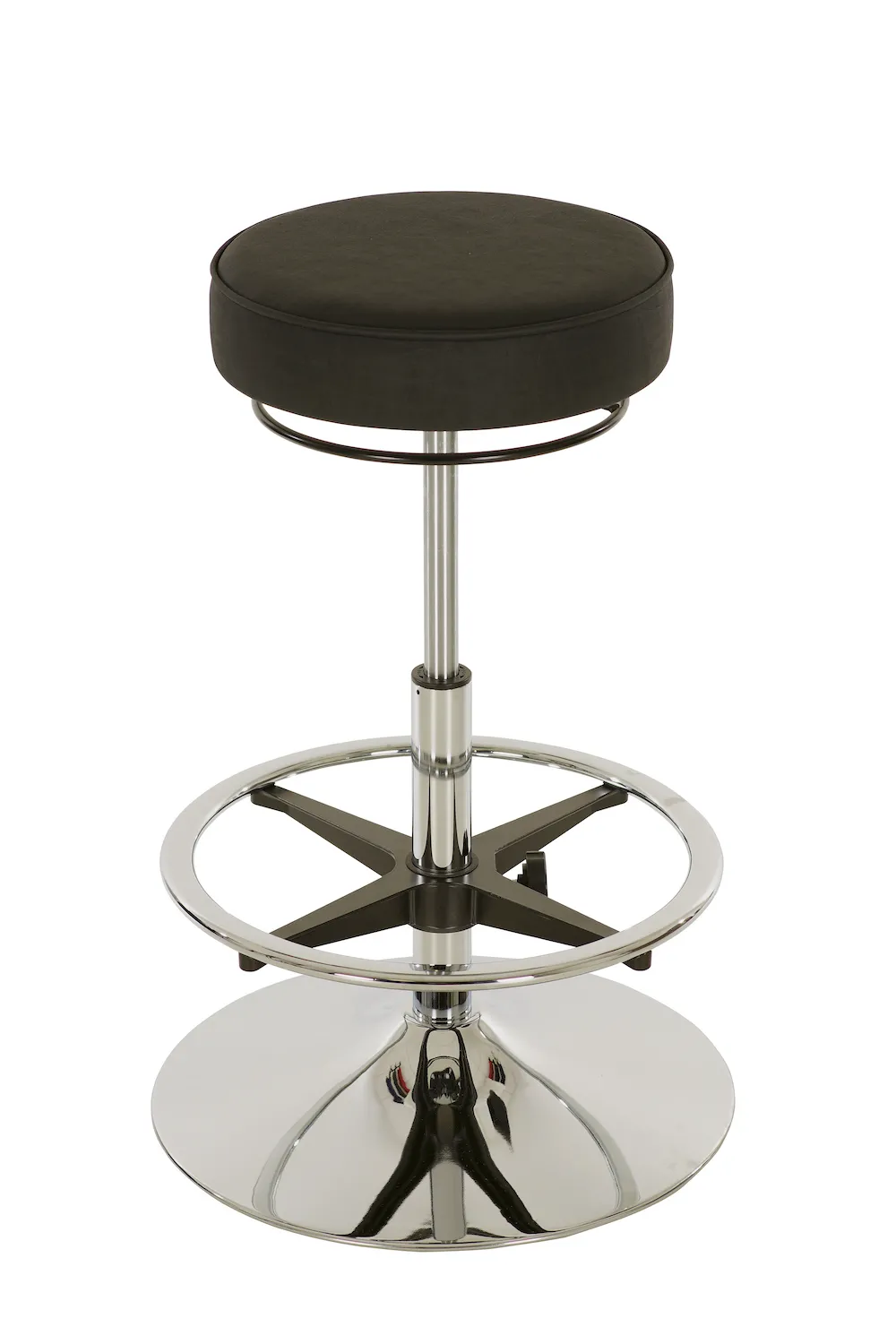 Drehhocker Indianapolis High | Sitzhöhe 58-83cm | Ø 50cm | Tragfähigkeit 110kg | Kunstleder-Sitz | Verchromter Stahltellerfuß mit Fußring | Schwarz