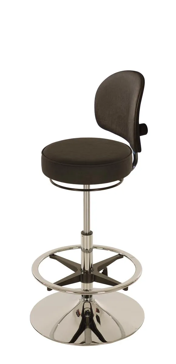 Drehhocker Indianapolis High mit Rückenlehne | Sitzhöhe 58-83cm | Ø 50cm | Tragfähigkeit 110kg | Kunstleder-Sitz | Stahltellerfuß mit Fußring | Schwarz