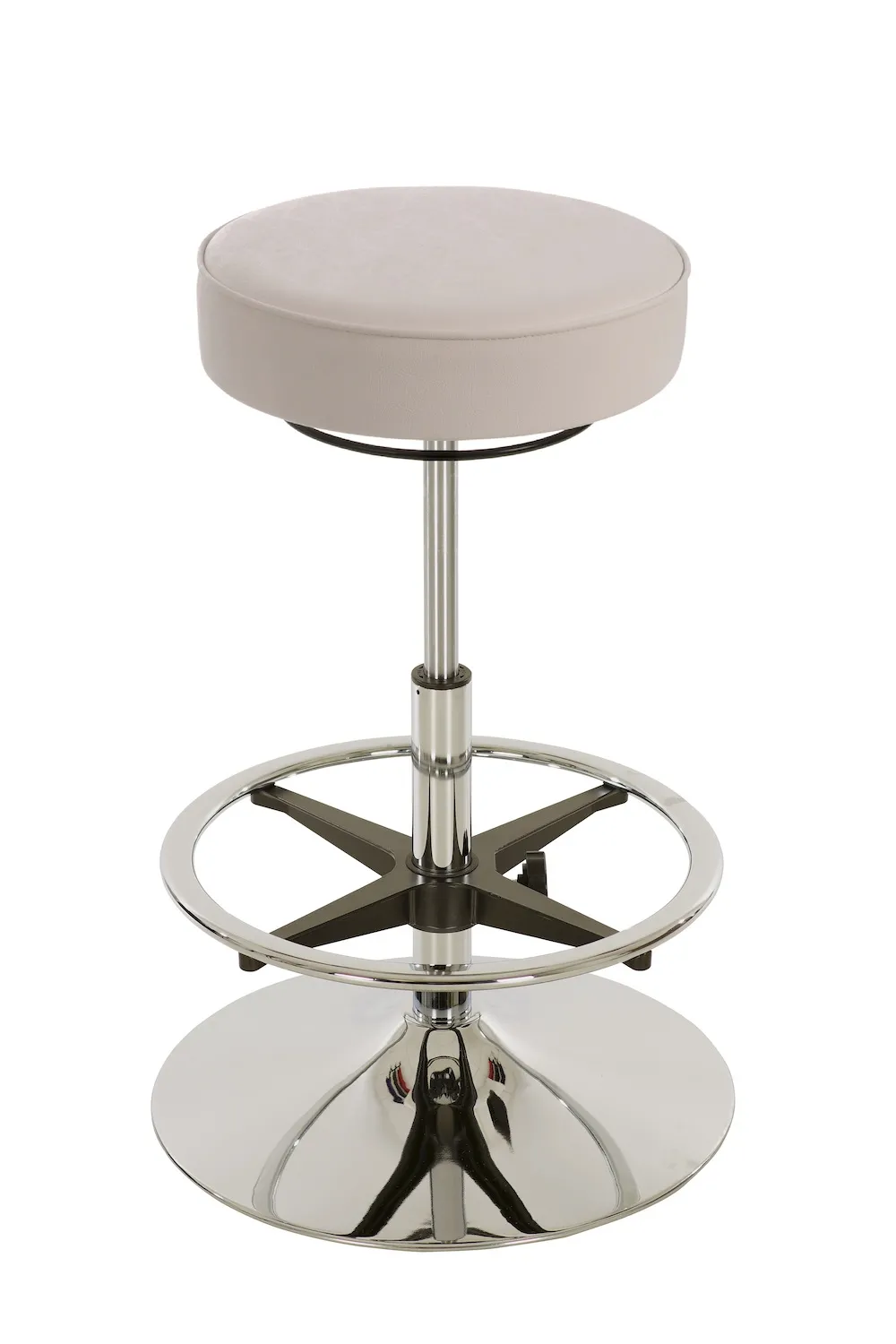 Drehhocker Indianapolis High | Sitzhöhe 58-83cm | Ø 50cm | Tragfähigkeit 110kg | Kunstleder-Sitz | Verchromter Stahltellerfuß mit Fußring | Weiß