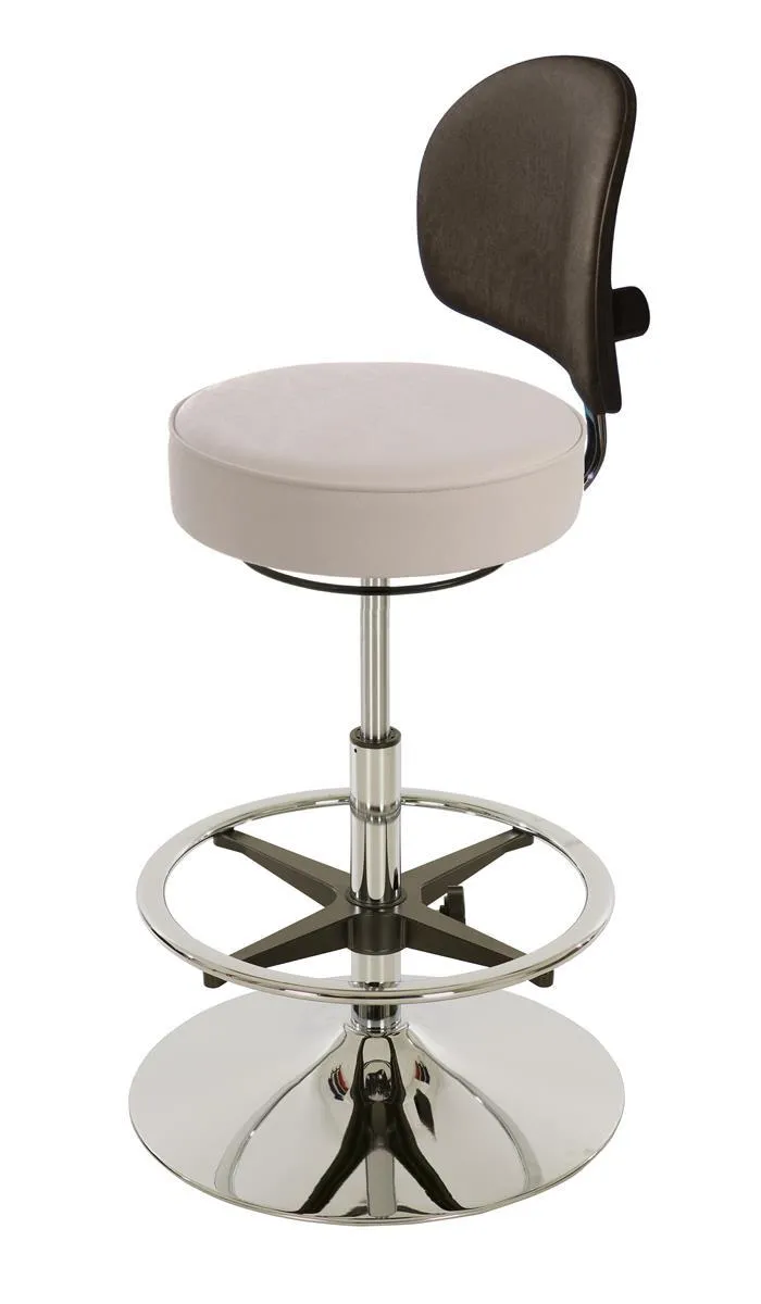 Drehhocker Indianapolis High mit Rückenlehne | Sitzhöhe 58-83cm | Ø 50cm | Tragfähigkeit 110kg | Kunstleder-Sitz | Stahltellerfuß mit Fußring | Weiß