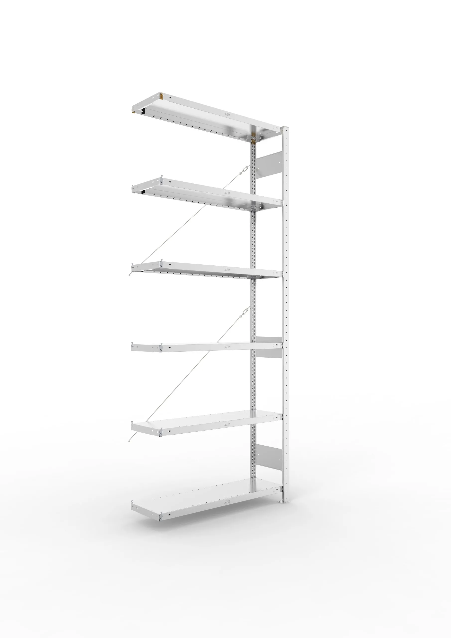 Meta Fachbodenregal Stecksystem CLIP mit vorgefertigten Rahmen | Anbauregal | HxBxT 250x100x30cm | 6 Ebenen | Fachlast 100kg | Einseitig nutzbar | Verzinkt