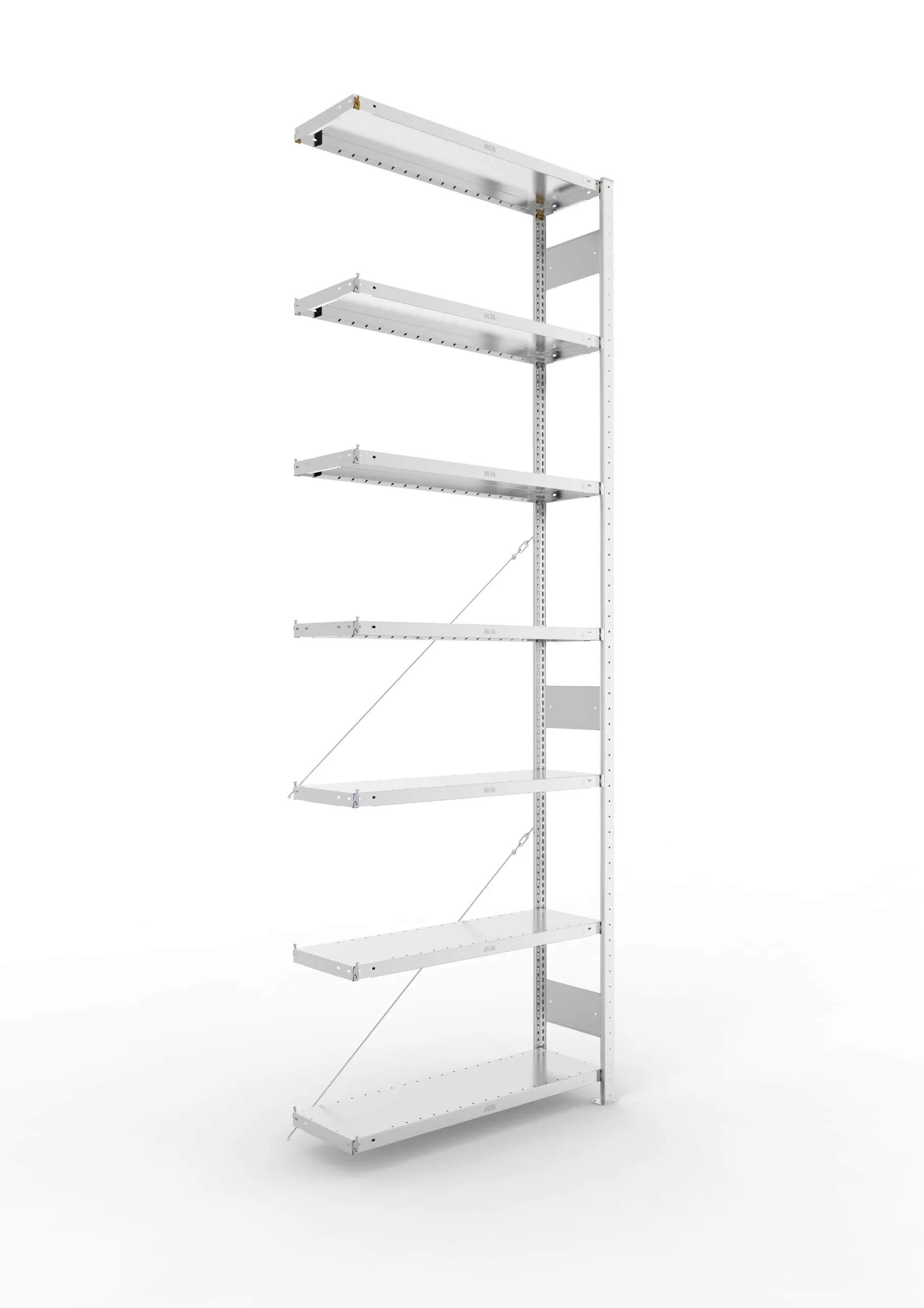 Meta Fachbodenregal Stecksystem CLIP mit vorgefertigten Rahmen | Anbauregal | HxBxT 300x100x30cm | 7 Ebenen | Fachlast 100kg | Einseitig nutzbar | Verzinkt