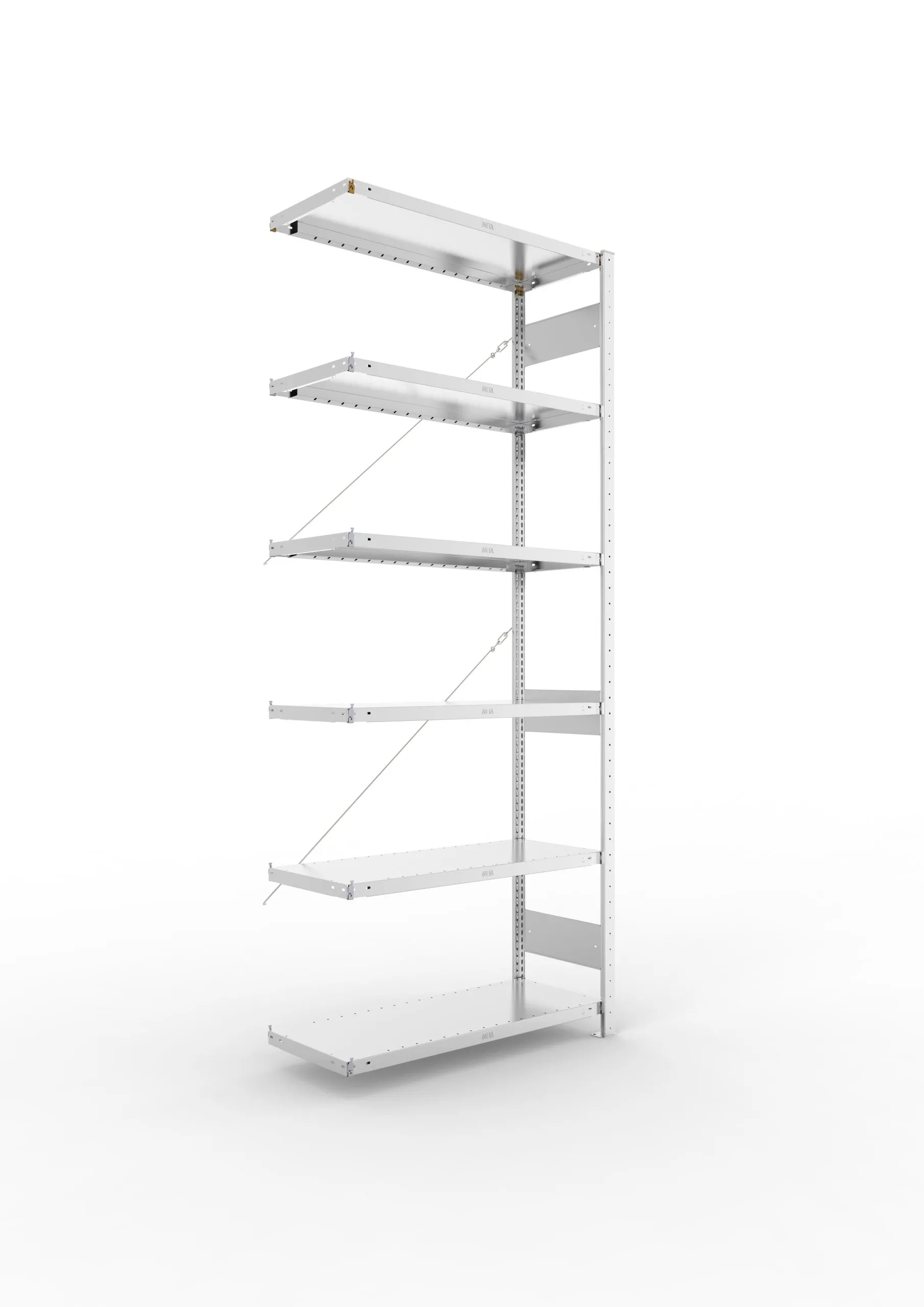 Meta Fachbodenregal Stecksystem CLIP mit vorgefertigten Rahmen | Anbauregal | HxBxT 250x100x40cm | 6 Ebenen | Fachlast 100kg | Einseitig nutzbar | Verzinkt