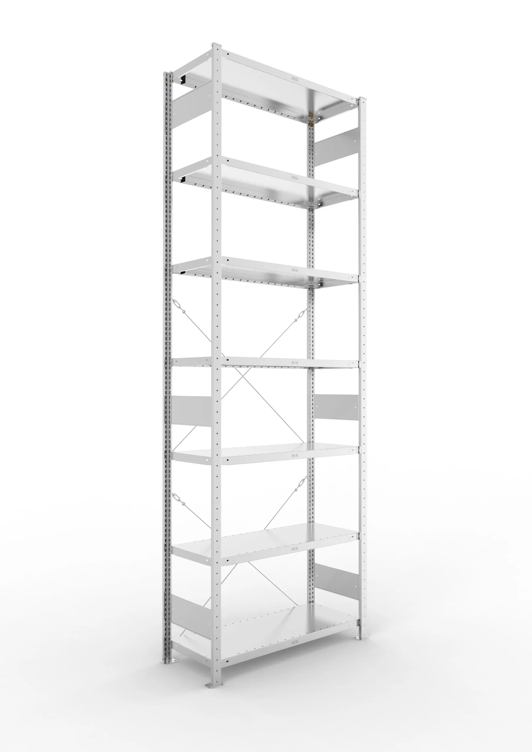 Meta Fachbodenregal Stecksystem CLIP mit vorgefertigten Rahmen | Grundregal | HxBxT 300x100x40cm | 7 Ebenen | Fachlast 100kg | Einseitig nutzbar | Verzinkt