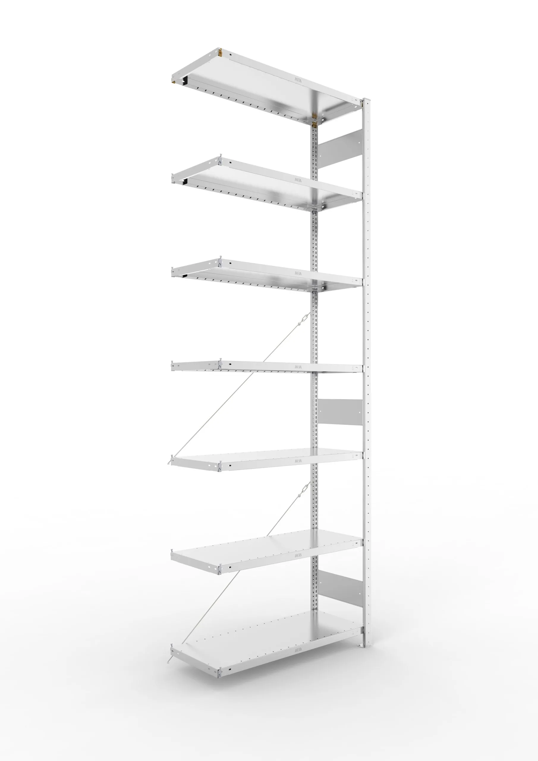 Meta Fachbodenregal Stecksystem CLIP mit vorgefertigten Rahmen | Anbauregal | HxBxT 300x100x40cm | 7 Ebenen | Fachlast 100kg | Einseitig nutzbar | Verzinkt