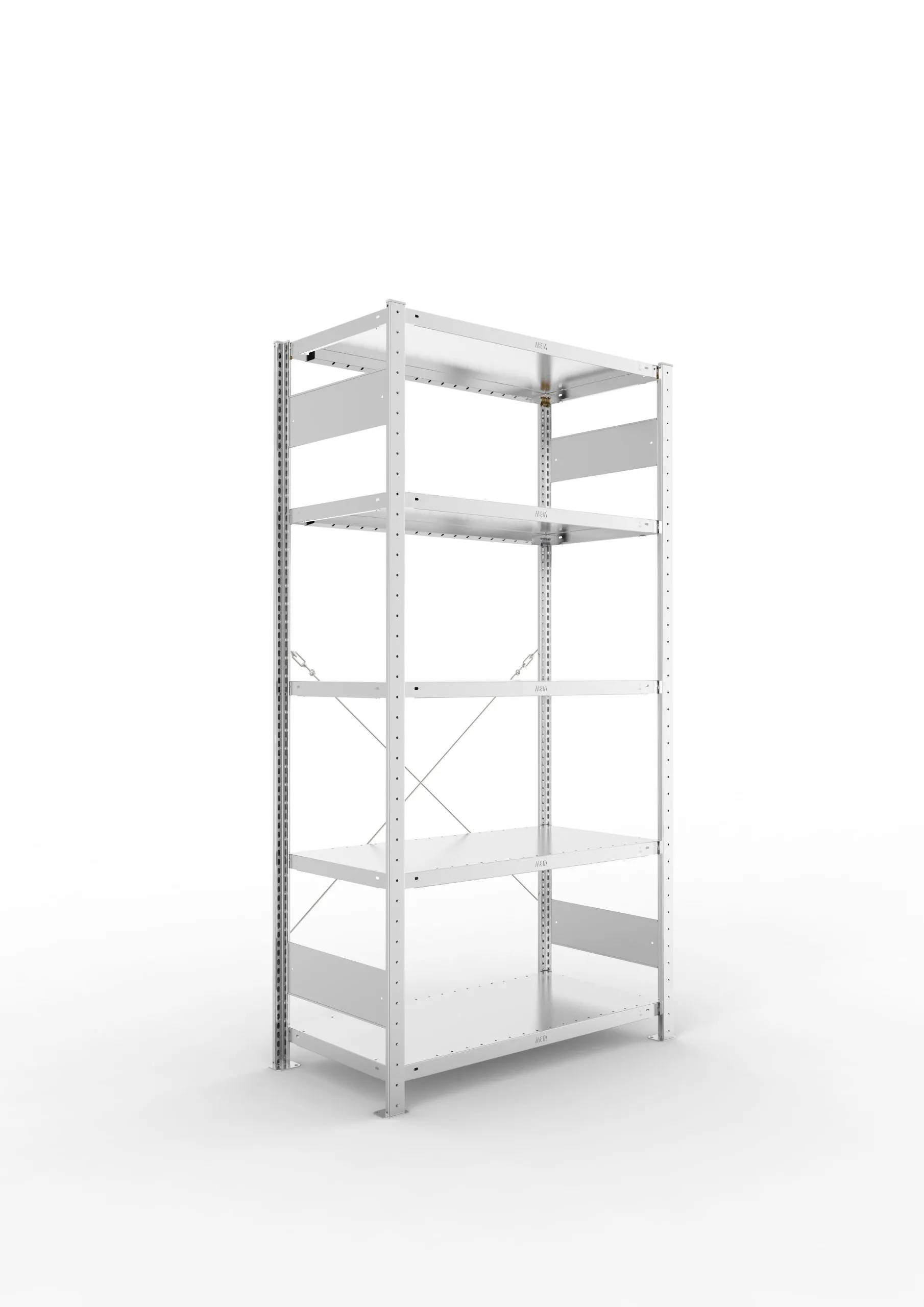 Meta Fachbodenregal Stecksystem CLIP mit vorgefertigten Rahmen | Grundregal | HxBxT 200x100x50cm | 5 Ebenen | Fachlast 100kg | Einseitig nutzbar | Verzinkt