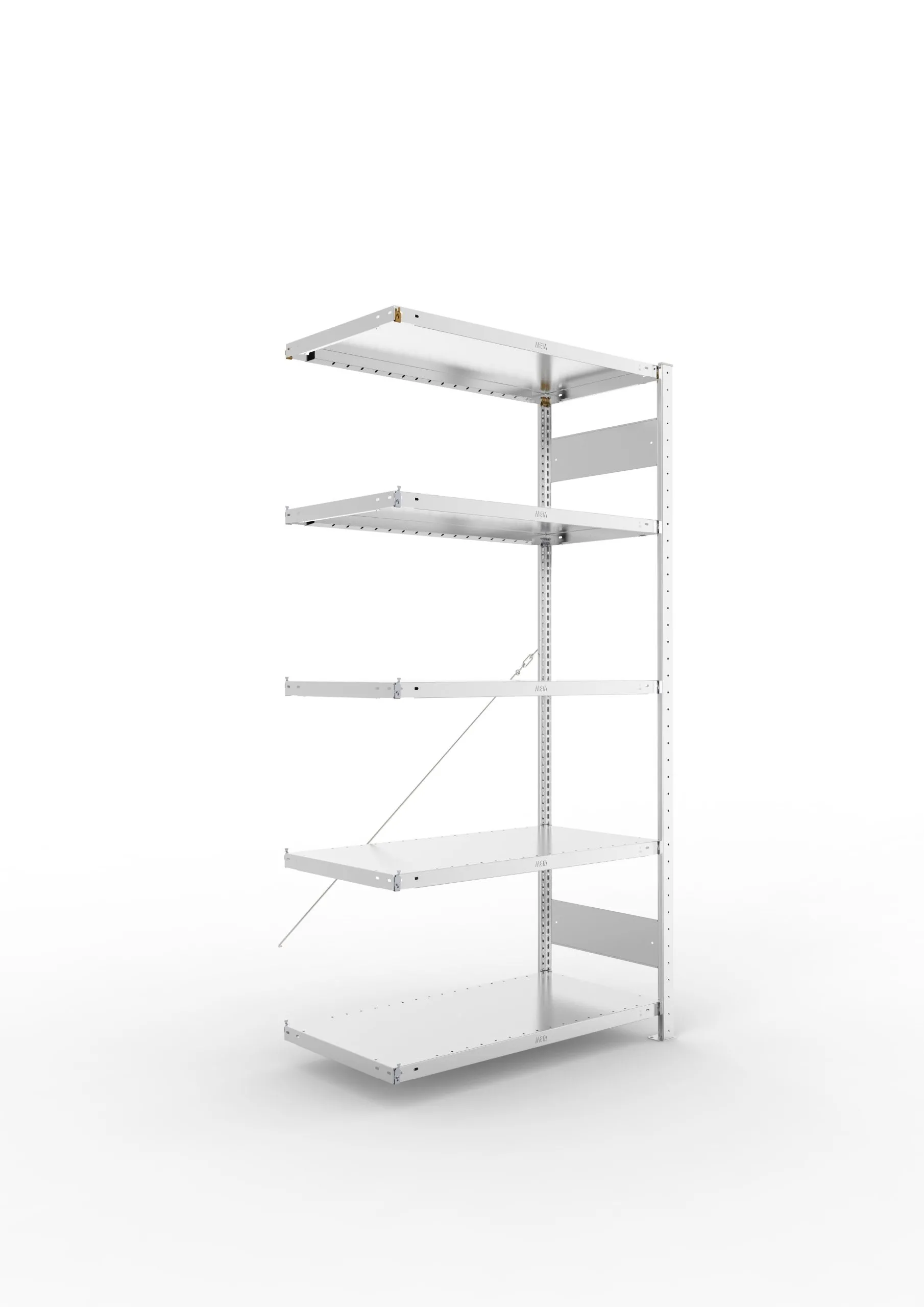 Meta Fachbodenregal Stecksystem CLIP mit vorgefertigten Rahmen | Anbauregal | HxBxT 200x100x50cm | 5 Ebenen | Fachlast 100kg | Einseitig nutzbar | Verzinkt