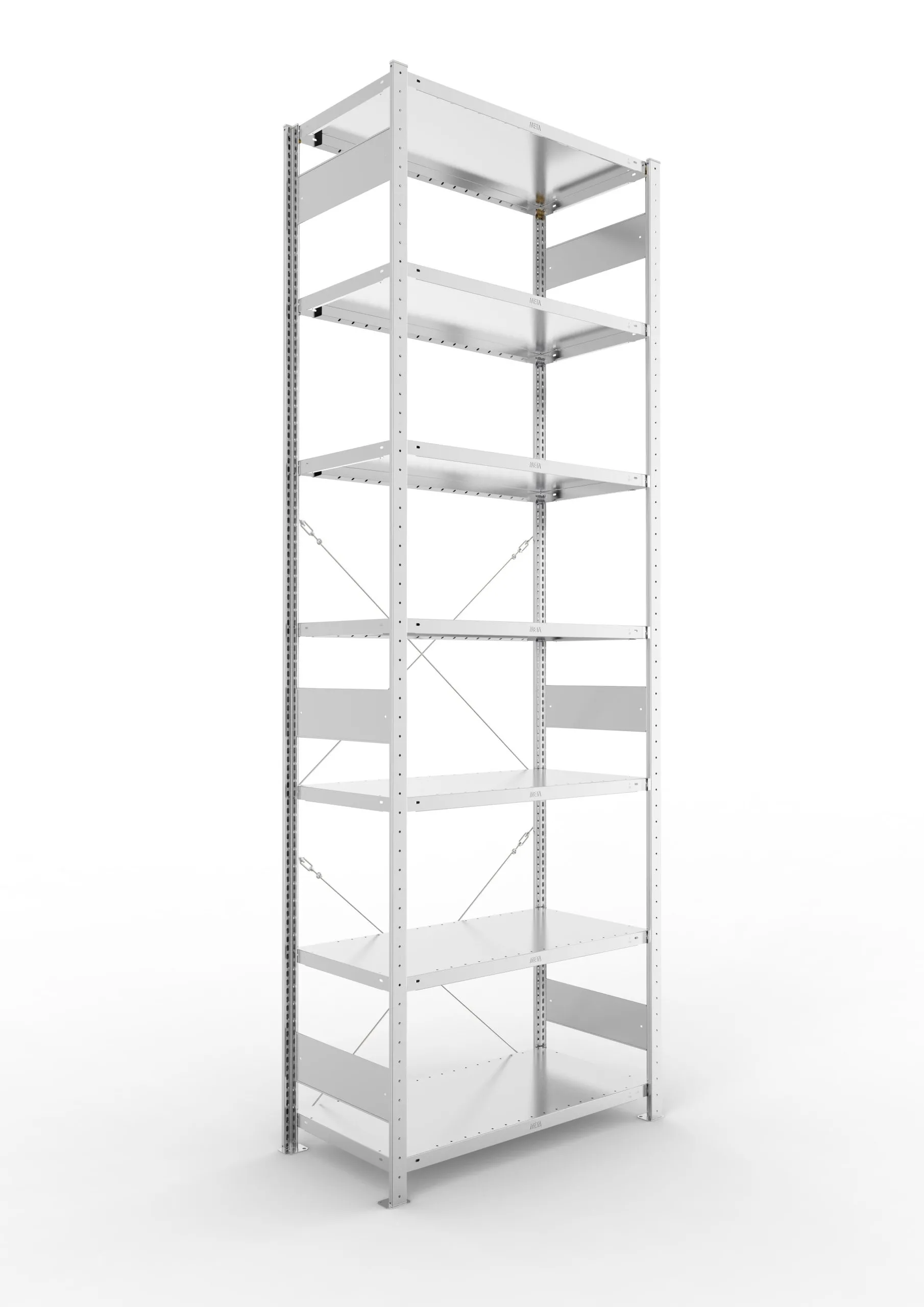 Meta Fachbodenregal Stecksystem CLIP mit vorgefertigten Rahmen | Grundregal | HxBxT 300x100x50cm | 7 Ebenen | Fachlast 100kg | Einseitig nutzbar | Verzinkt