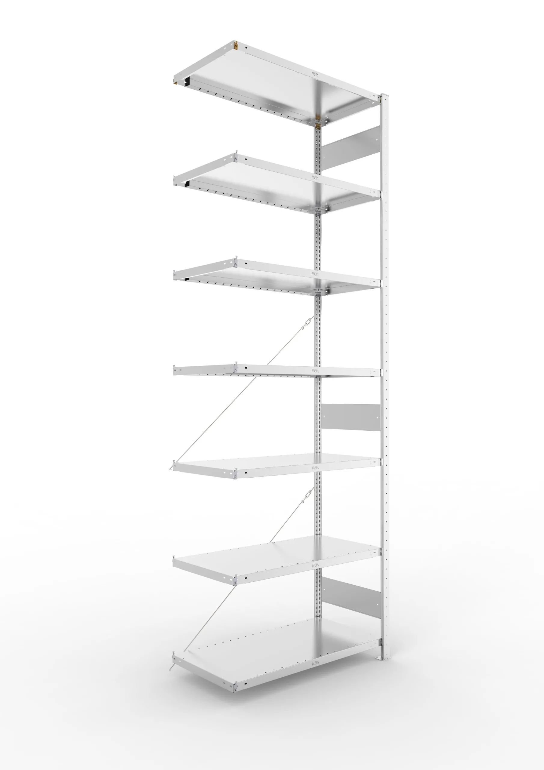 Meta Fachbodenregal Stecksystem CLIP mit vorgefertigten Rahmen | Anbauregal | HxBxT 300x100x50cm | 7 Ebenen | Fachlast 100kg | Einseitig nutzbar | Verzinkt