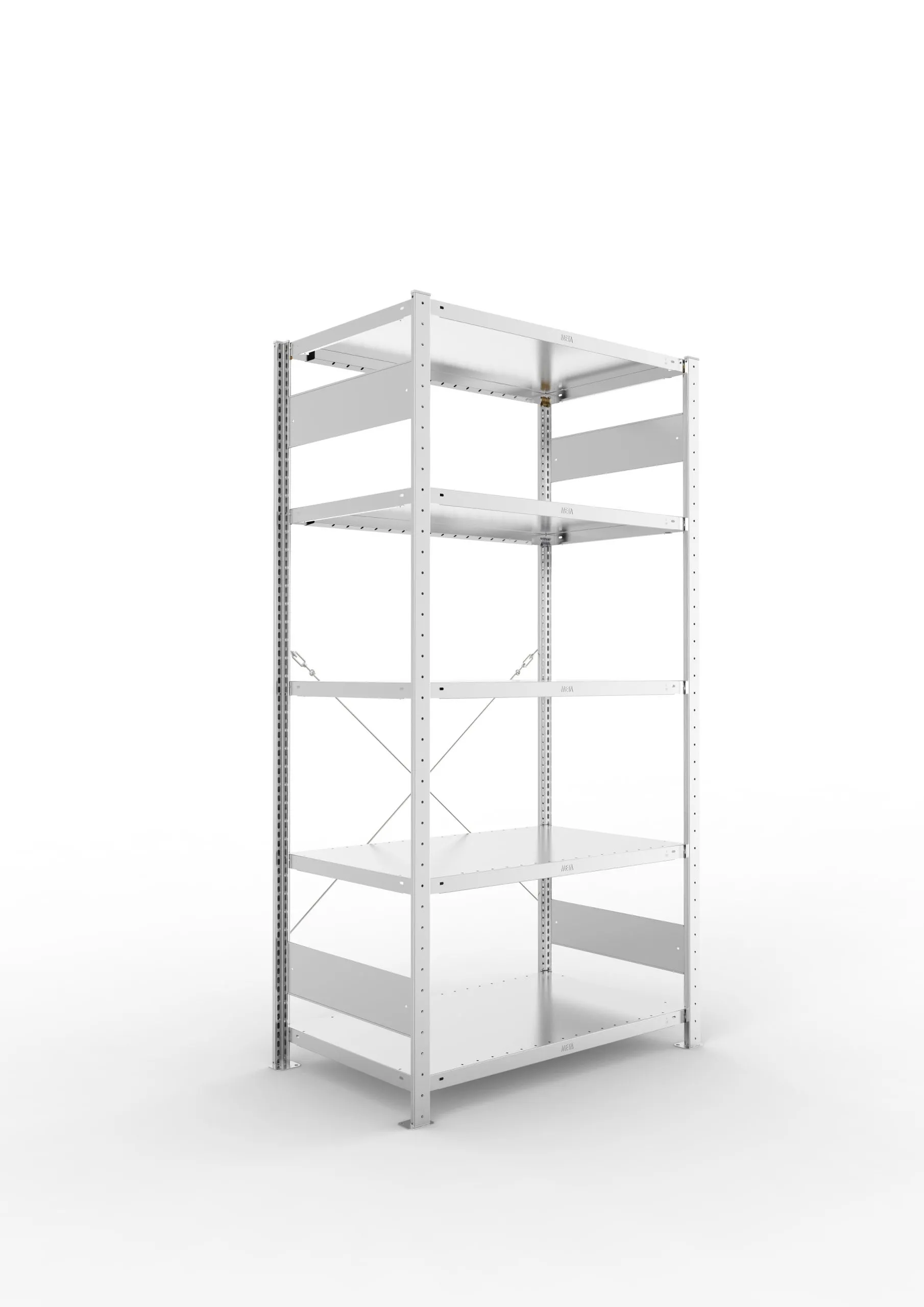 Meta Fachbodenregal Stecksystem CLIP mit vorgefertigten Rahmen | Grundregal | HxBxT 200x100x60cm | 5 Ebenen | Fachlast 100kg | Einseitig nutzbar | Verzinkt