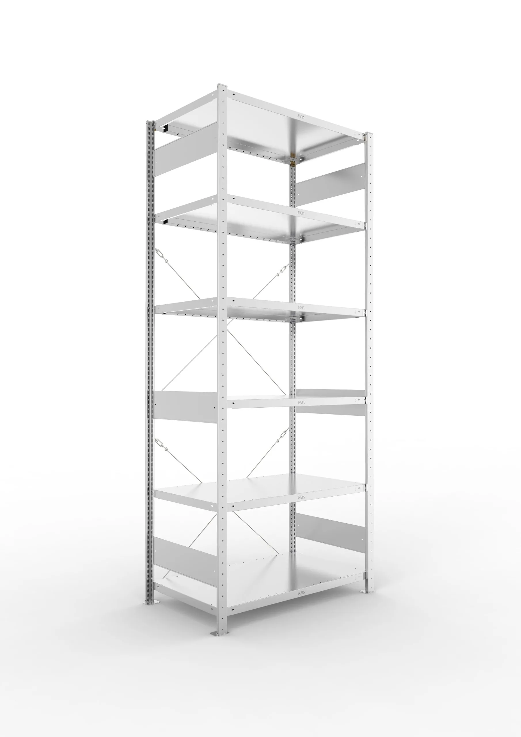 Meta Fachbodenregal Stecksystem CLIP mit vorgefertigten Rahmen | Grundregal | HxBxT 250x100x60cm | 6 Ebenen | Fachlast 100kg | Einseitig nutzbar | Verzinkt
