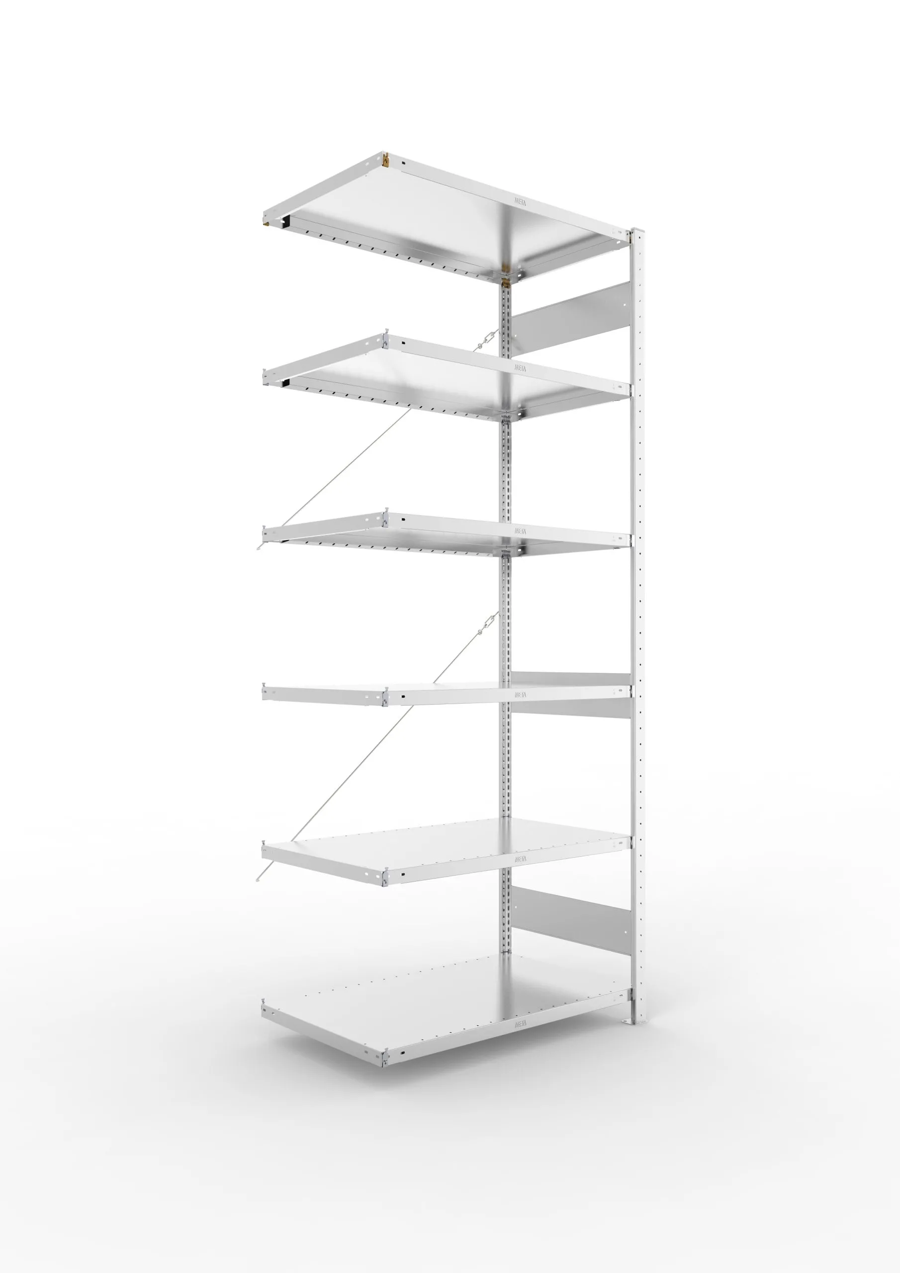 Meta Fachbodenregal Stecksystem CLIP mit vorgefertigten Rahmen | Anbauregal | HxBxT 250x100x60cm | 6 Ebenen | Fachlast 100kg | Einseitig nutzbar | Verzinkt