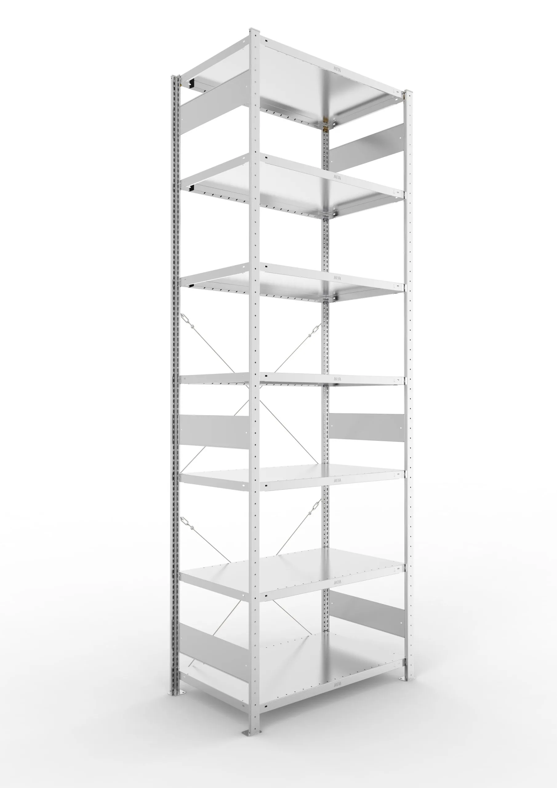 Meta Fachbodenregal Stecksystem CLIP mit vorgefertigten Rahmen | Grundregal | HxBxT 300x100x60cm | 7 Ebenen | Fachlast 100kg | Einseitig nutzbar | Verzinkt