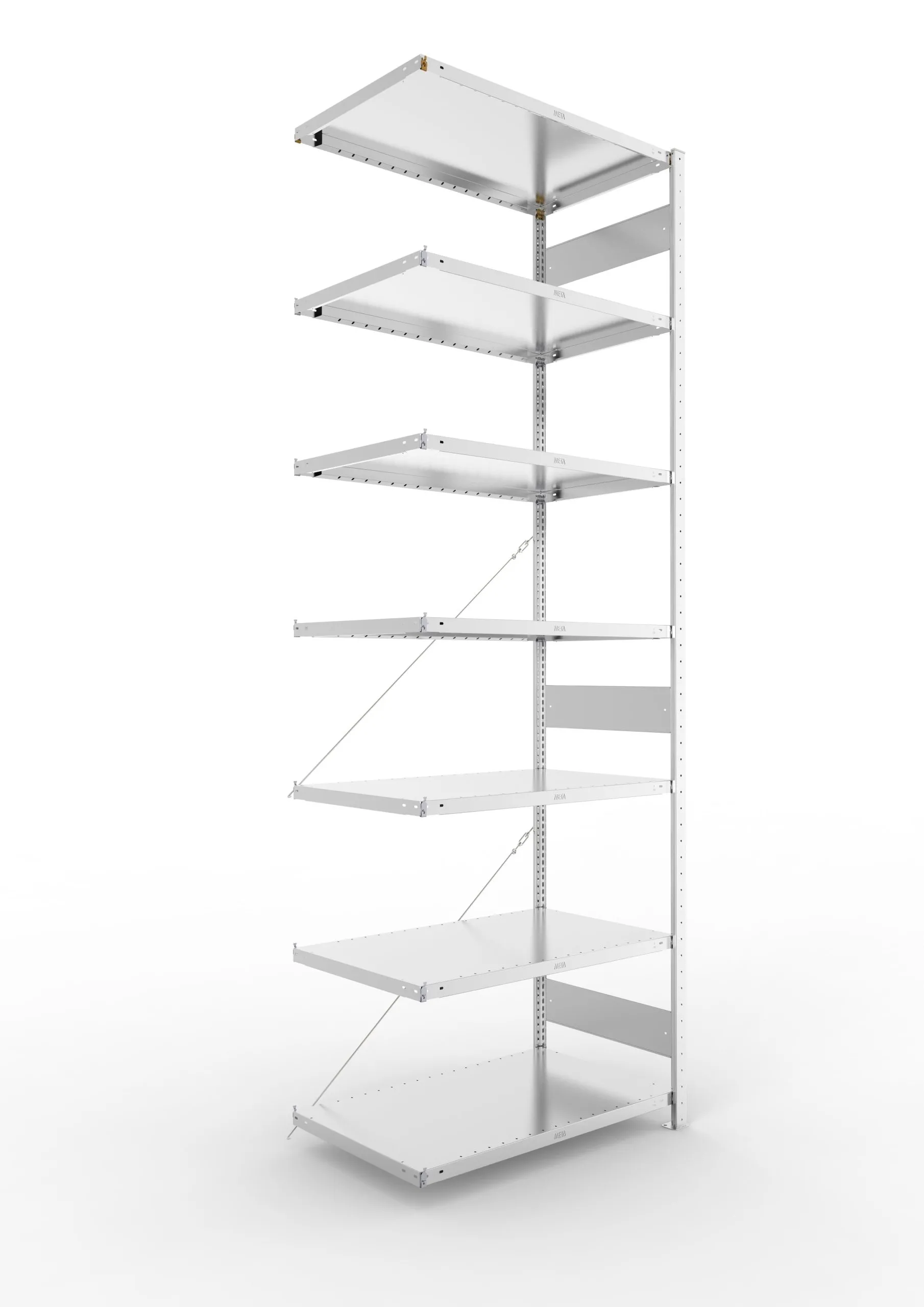 Meta Fachbodenregal Stecksystem CLIP mit vorgefertigten Rahmen | Anbauregal | HxBxT 300x100x60cm | 7 Ebenen | Fachlast 100kg | Einseitig nutzbar | Verzinkt