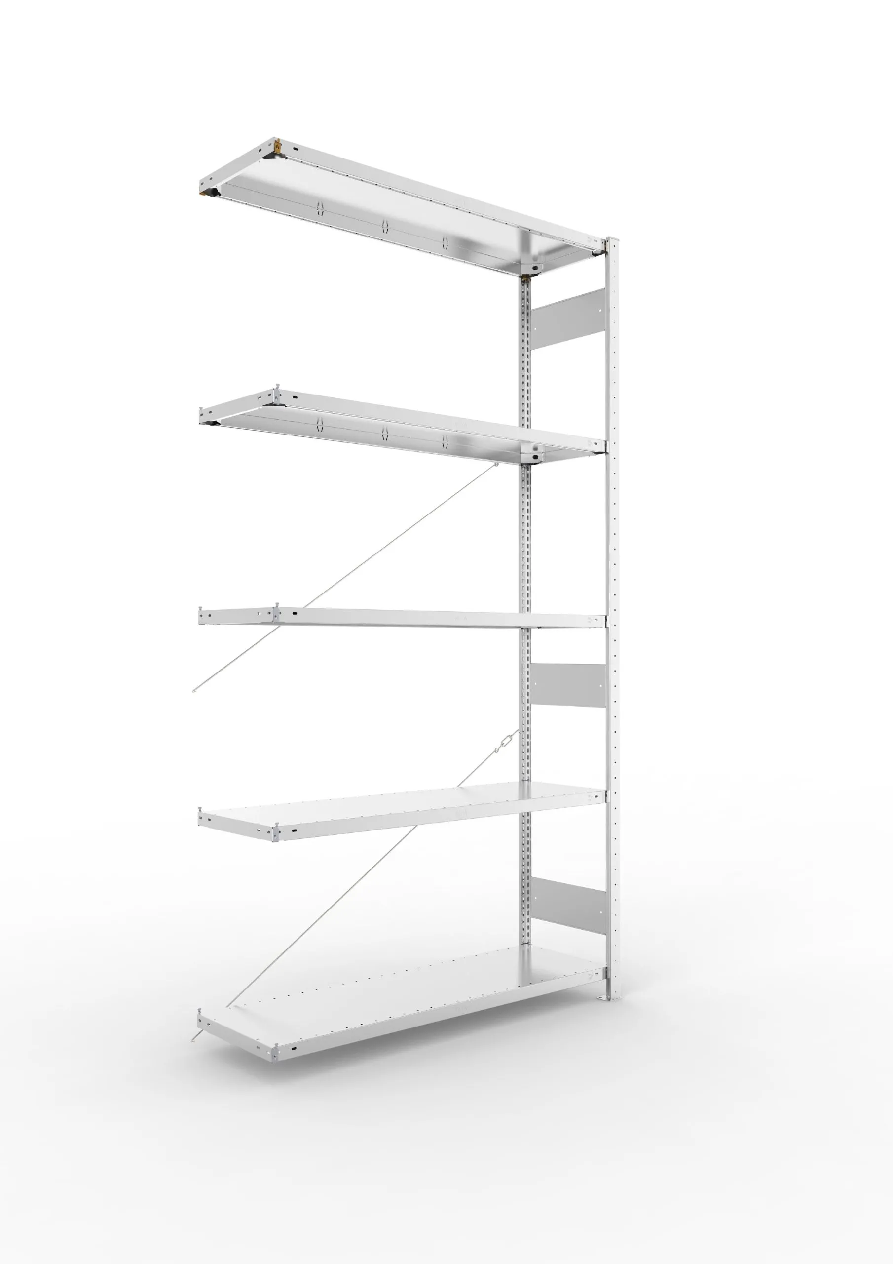 Meta Fachbodenregal Stecksystem CLIP mit vorgefertigten Rahmen | Anbauregal | HxBxT 250x130x40cm | 5 Ebenen | Fachlast 230kg | Einseitig nutzbar | Verzinkt