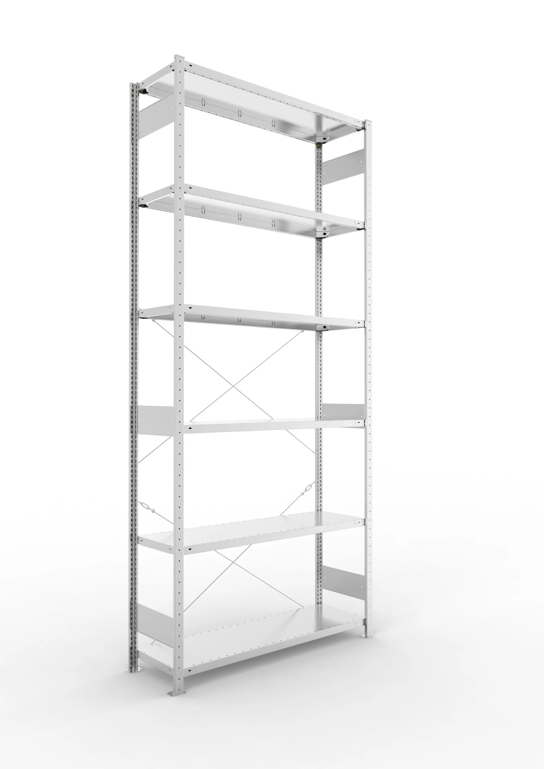 Meta Fachbodenregal Stecksystem CLIP mit vorgefertigten Rahmen | Grundregal | HxBxT 300x130x40cm | 6 Ebenen | Fachlast 230kg | Einseitig nutzbar | Verzinkt