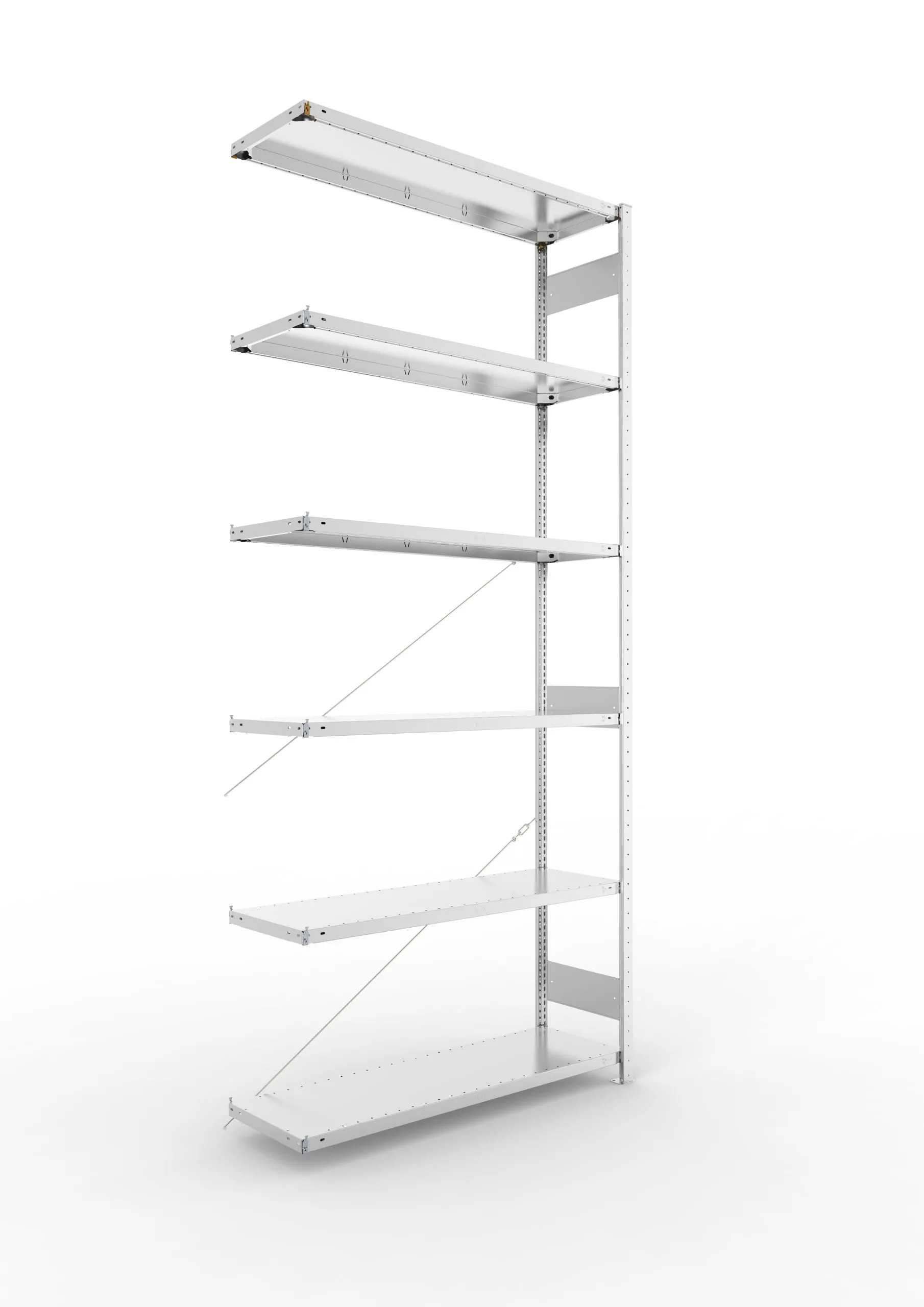 Meta Fachbodenregal Stecksystem CLIP mit vorgefertigten Rahmen | Anbauregal | HxBxT 300x130x40cm | 6 Ebenen | Fachlast 230kg | Einseitig nutzbar | Verzinkt