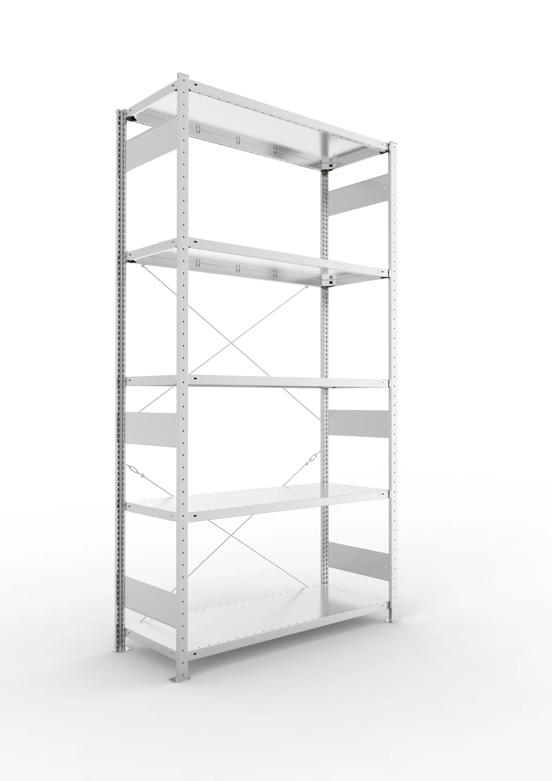 Meta Fachbodenregal Stecksystem CLIP mit vorgefertigten Rahmen | Grundregal | HxBxT 250x130x50cm | 5 Ebenen | Fachlast 230kg | Einseitig nutzbar | Verzinkt