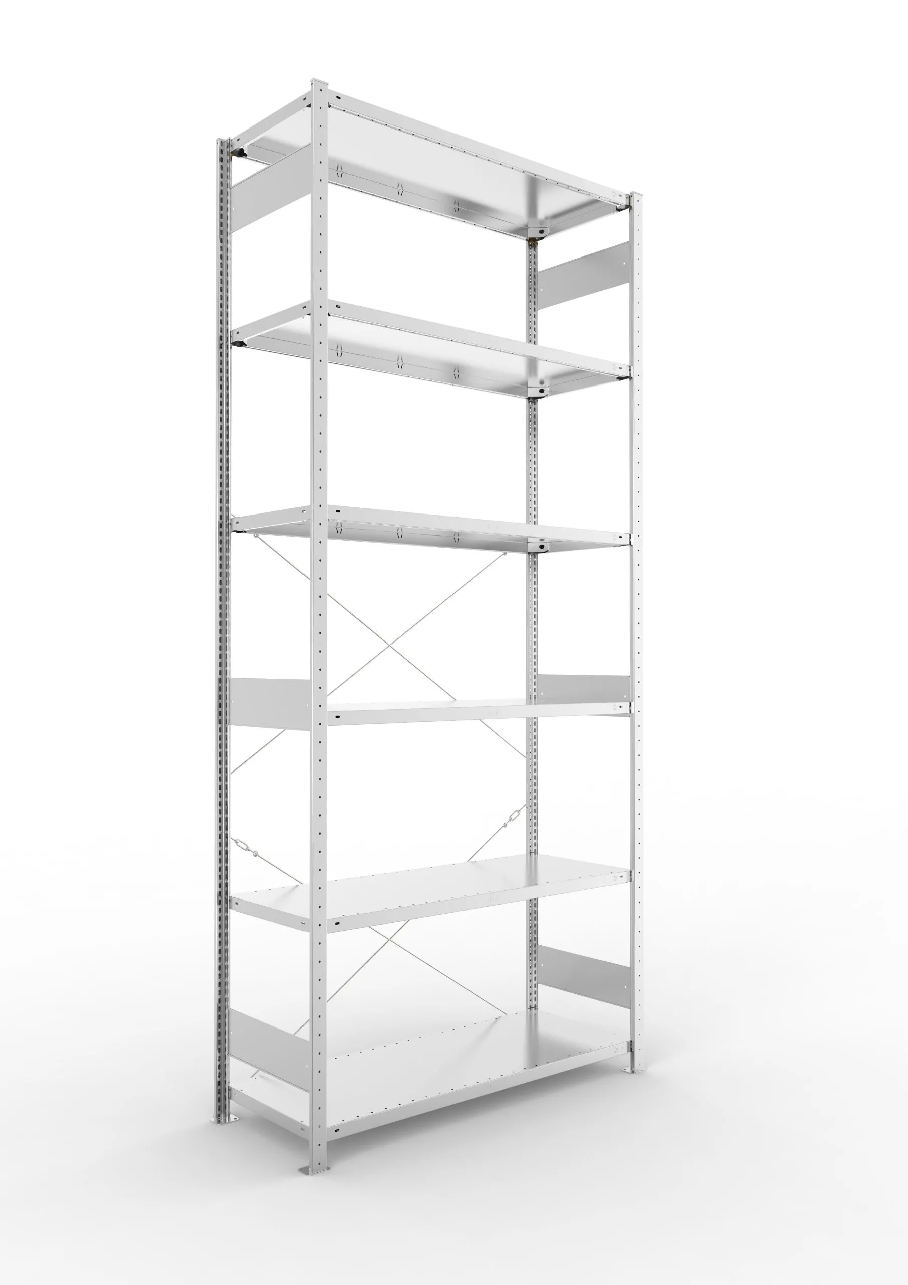 Meta Fachbodenregal Stecksystem CLIP mit vorgefertigten Rahmen | Grundregal | HxBxT 300x130x50cm | 6 Ebenen | Fachlast 230kg | Einseitig nutzbar | Verzinkt