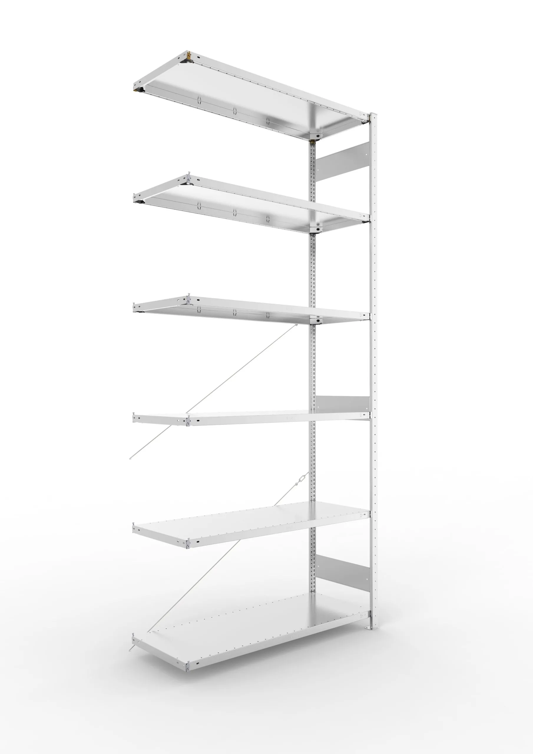 Meta Fachbodenregal Stecksystem CLIP mit vorgefertigten Rahmen | Anbauregal | HxBxT 300x130x50cm | 6 Ebenen | Fachlast 230kg | Einseitig nutzbar | Verzinkt