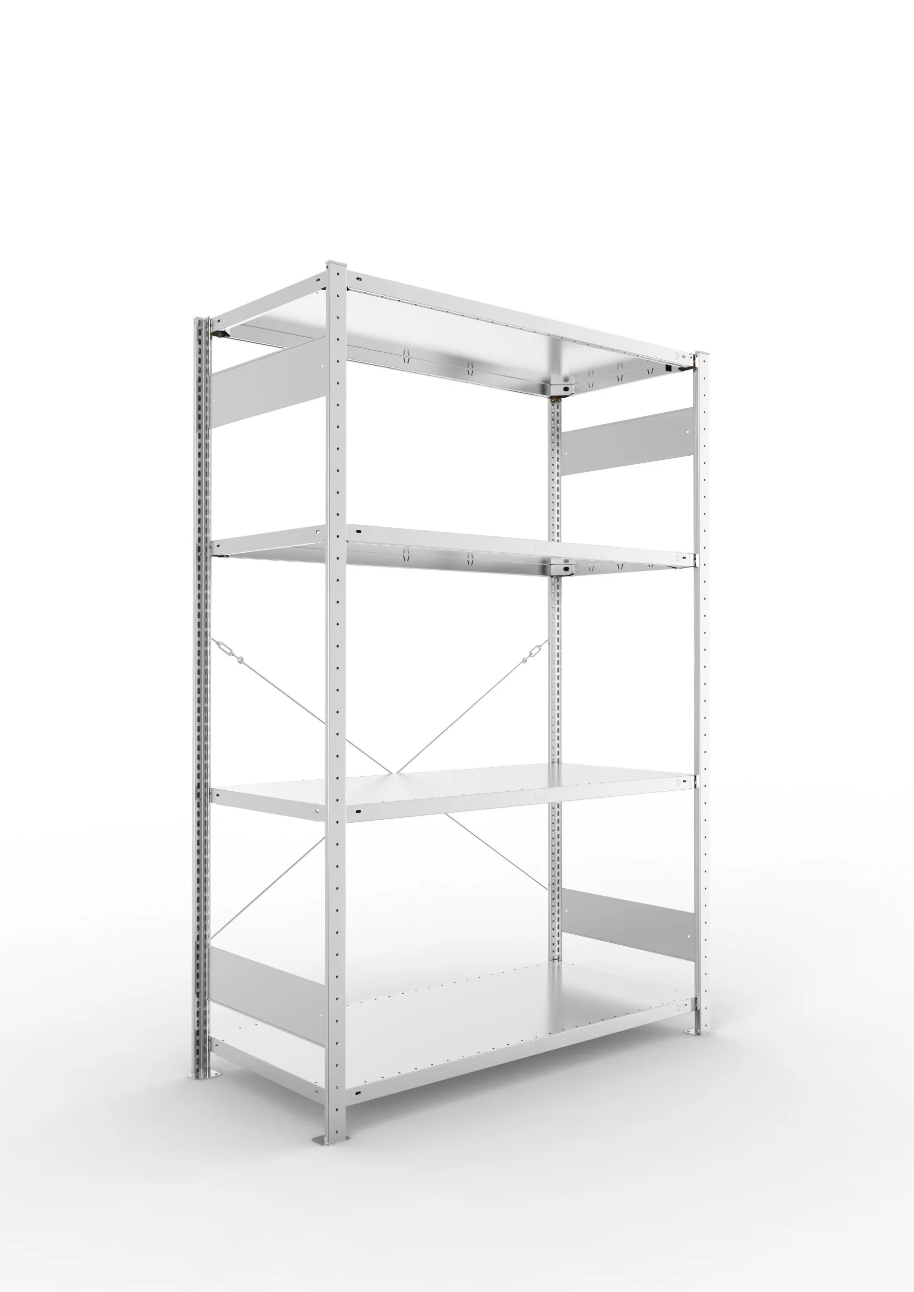 Meta Fachbodenregal Stecksystem CLIP mit vorgefertigten Rahmen | Grundregal | HxBxT 200x130x60cm | 4 Ebenen | Fachlast 230kg | Einseitig nutzbar | Verzinkt