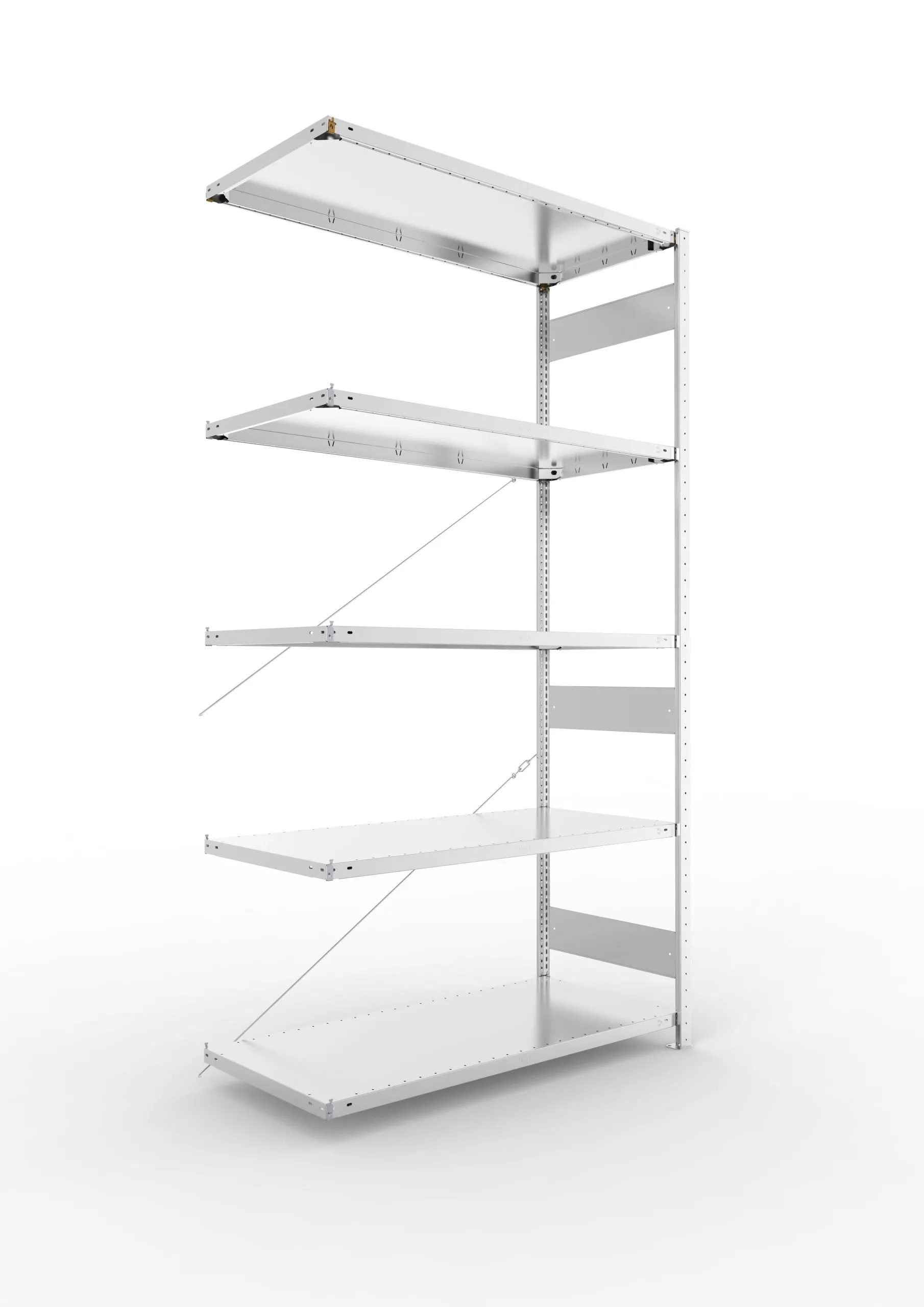 Meta Fachbodenregal Stecksystem CLIP mit vorgefertigten Rahmen | Anbauregal | HxBxT 250x130x60cm | 5 Ebenen | Fachlast 230kg | Einseitig nutzbar | Verzinkt