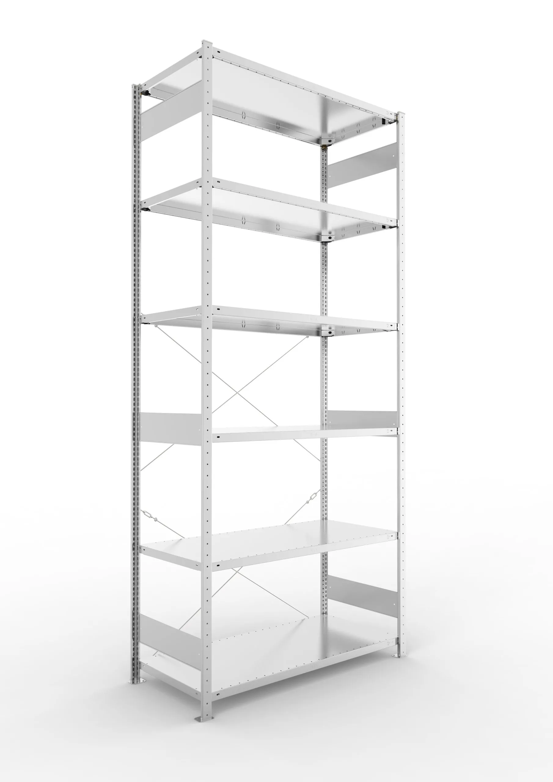 Meta Fachbodenregal Stecksystem CLIP mit vorgefertigten Rahmen | Grundregal | HxBxT 300x130x60cm | 6 Ebenen | Fachlast 230kg | Einseitig nutzbar | Verzinkt