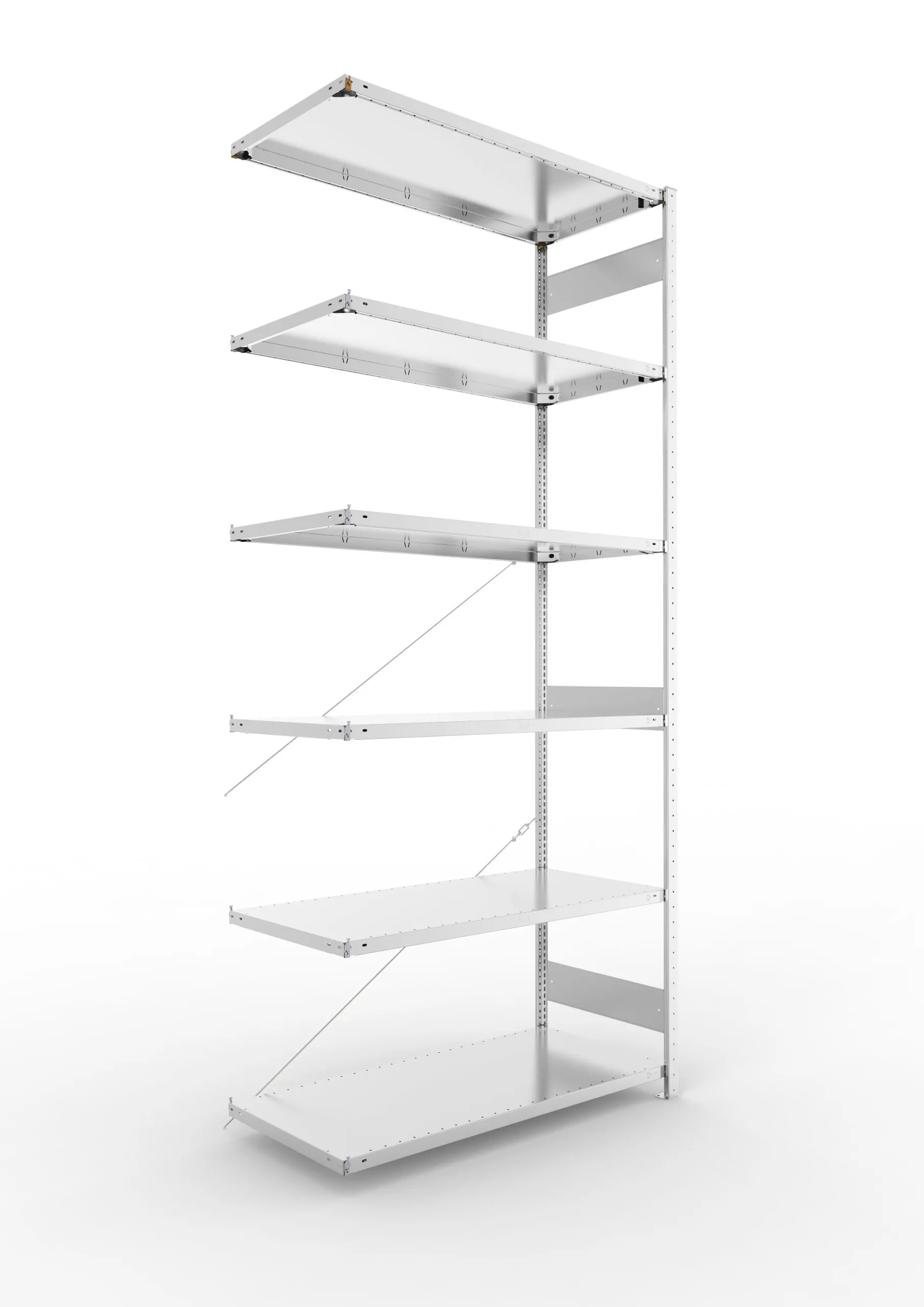 Meta Fachbodenregal Stecksystem CLIP mit vorgefertigten Rahmen | Anbauregal | HxBxT 300x130x60cm | 6 Ebenen | Fachlast 230kg | Einseitig nutzbar | Verzinkt