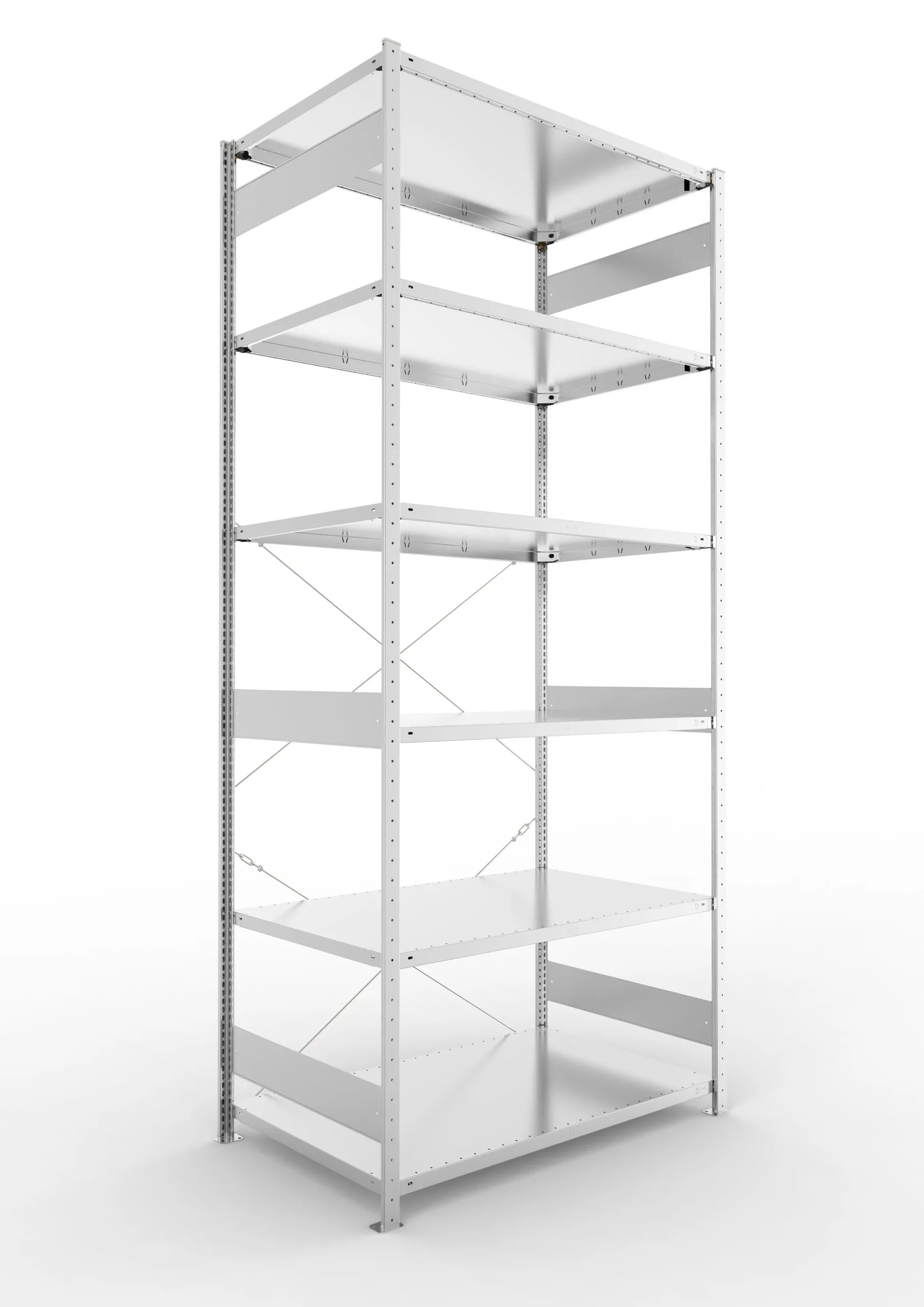 Meta Fachbodenregal Stecksystem CLIP mit vorgefertigten Rahmen | Grundregal | HxBxT 300x130x80cm | 6 Ebenen | Fachlast 230kg | Einseitig nutzbar | Verzinkt