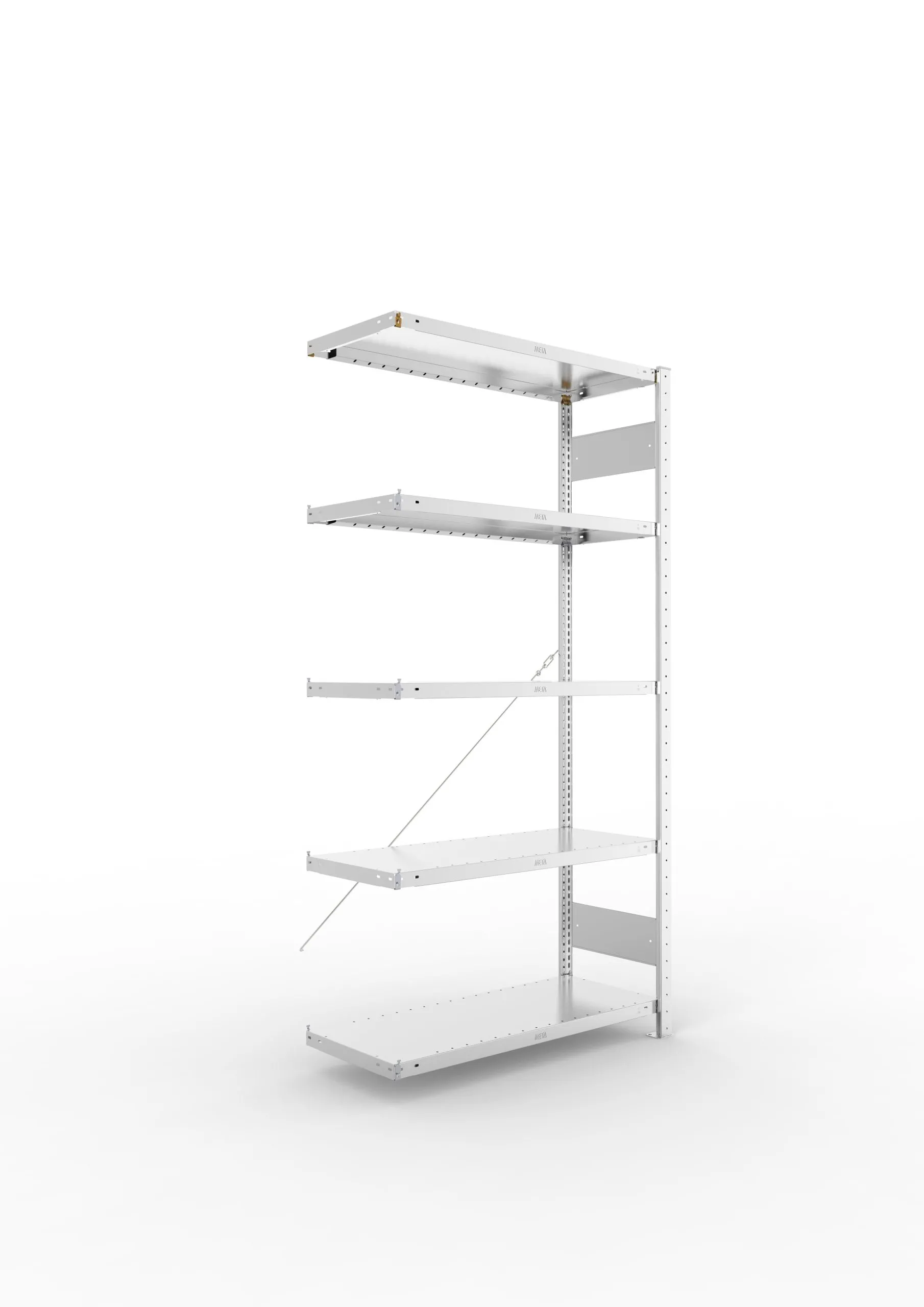Meta Fachbodenregal Stecksystem CLIP mit vorgefertigten Rahmen | Anbauregal | HxBxT 200x100x40cm | 5 Ebenen | Fachlast 230kg | Einseitig nutzbar | Verzinkt