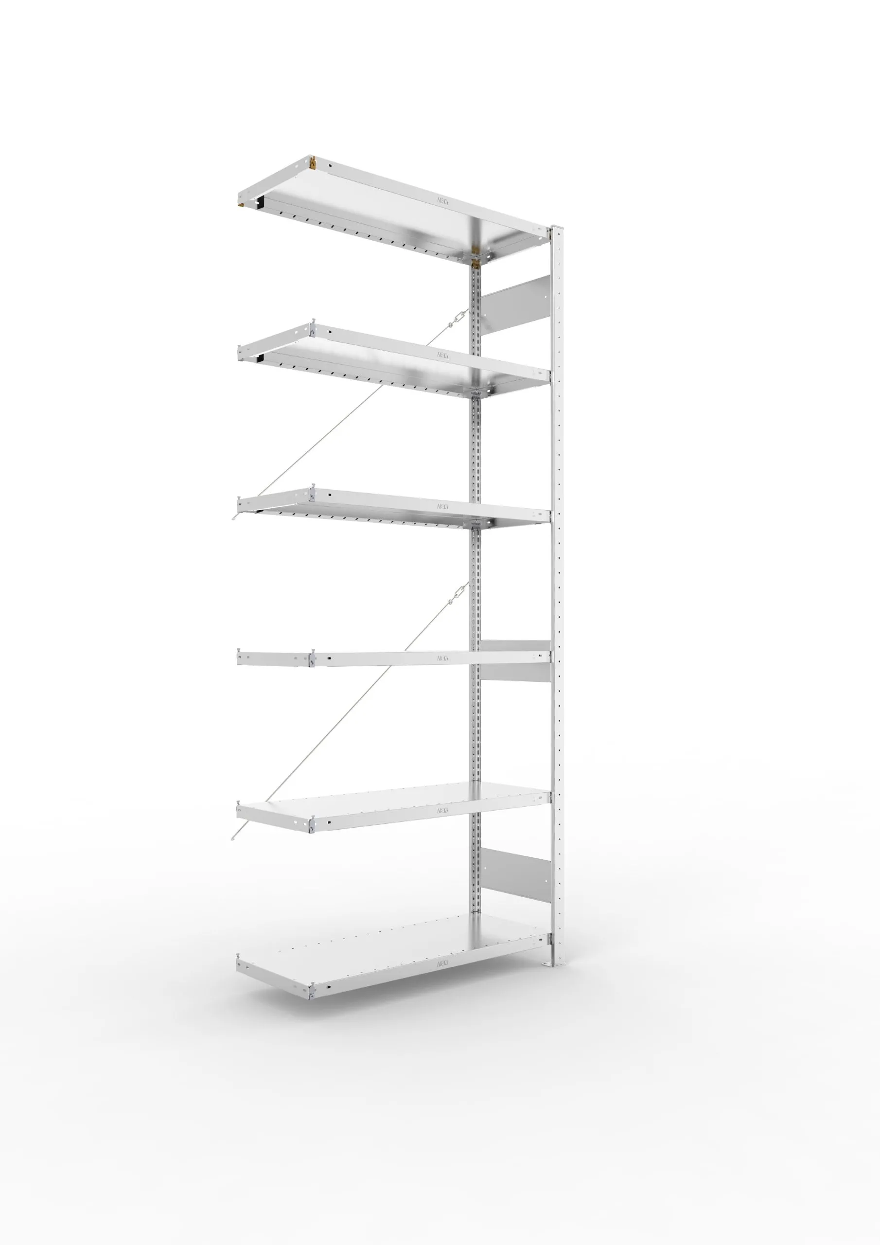 Meta Fachbodenregal Stecksystem CLIP mit vorgefertigten Rahmen | Anbauregal | HxBxT 250x100x40cm | 6 Ebenen | Fachlast 230kg | Einseitig nutzbar | Verzinkt