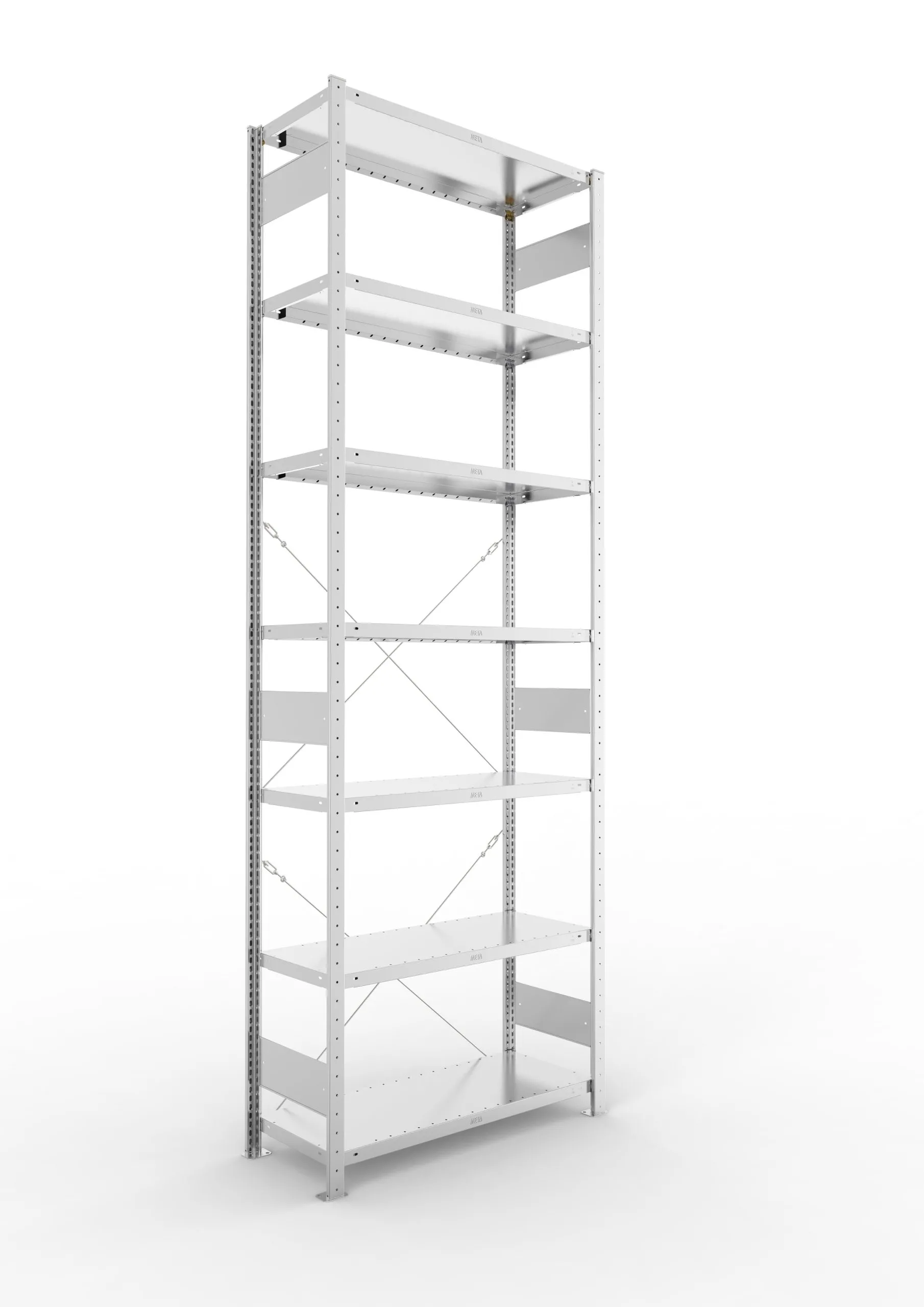 Meta Fachbodenregal Stecksystem CLIP mit vorgefertigten Rahmen | Grundregal | HxBxT 300x100x40cm | 7 Ebenen | Fachlast 230kg | Einseitig nutzbar | Verzinkt