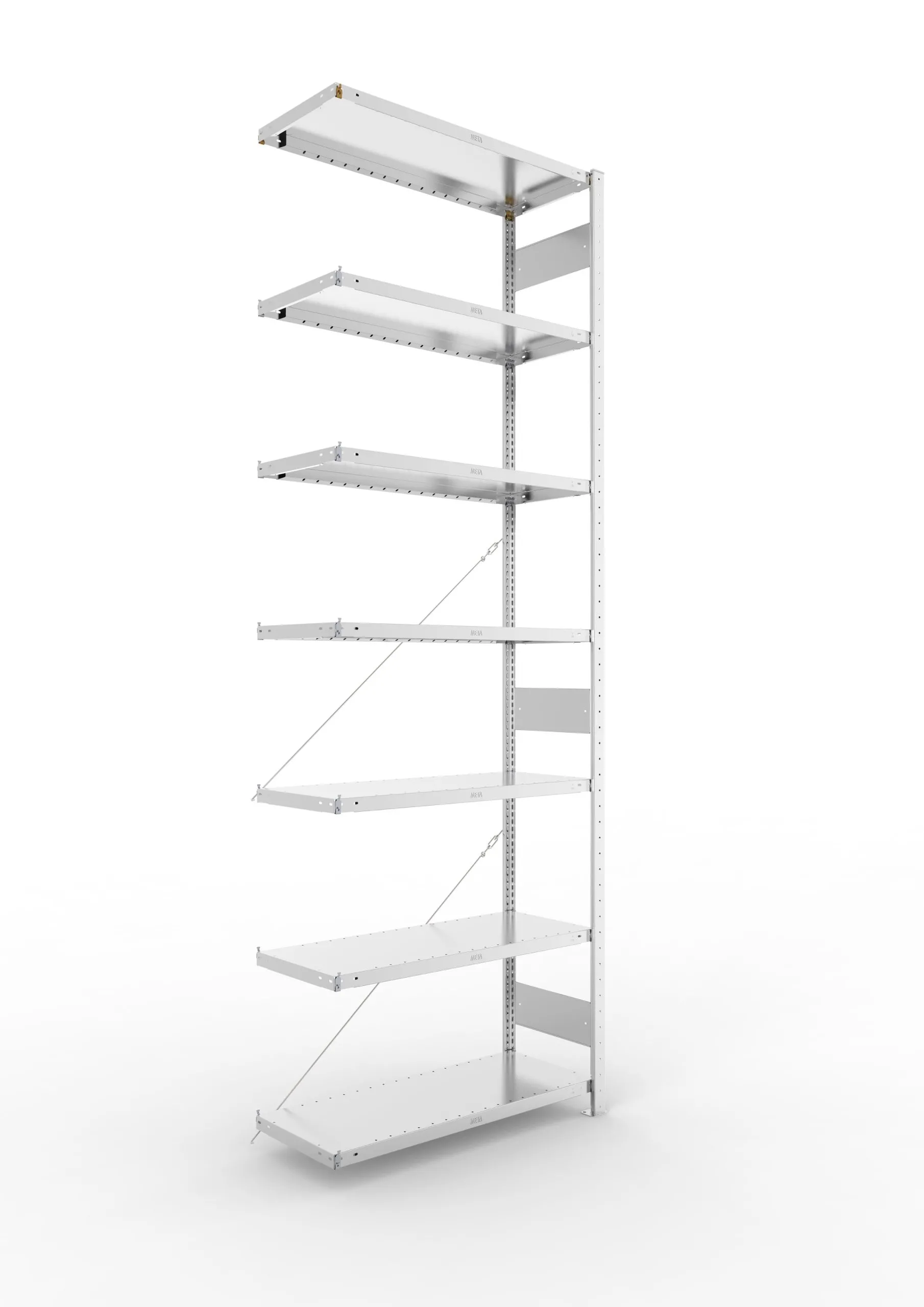 Meta Fachbodenregal Stecksystem CLIP mit vorgefertigten Rahmen | Anbauregal | HxBxT 300x100x40cm | 7 Ebenen | Fachlast 230kg | Einseitig nutzbar | Verzinkt