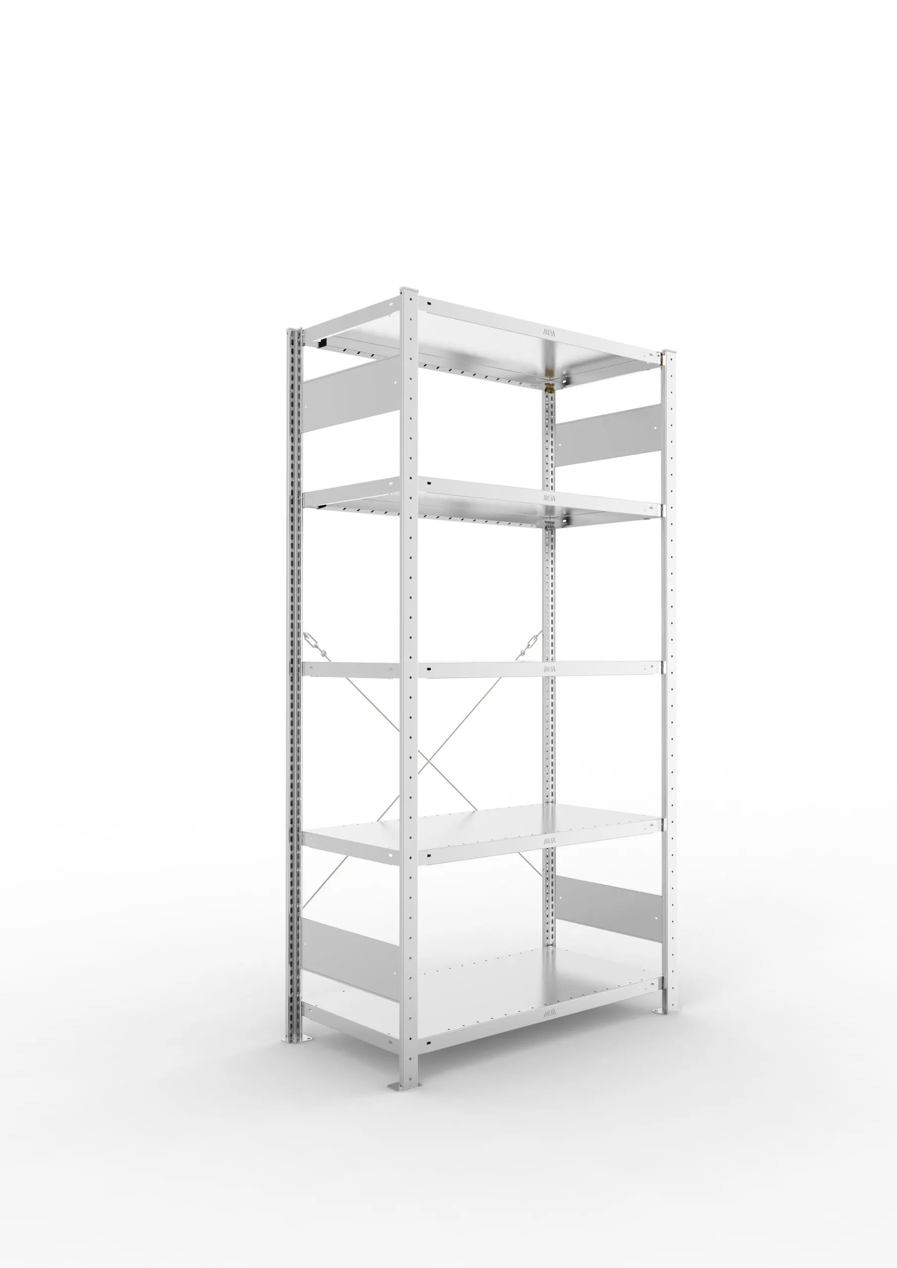 Meta Fachbodenregal Stecksystem CLIP mit vorgefertigten Rahmen | Grundregal | HxBxT 200x100x50cm | 5 Ebenen | Fachlast 230kg | Einseitig nutzbar | Verzinkt