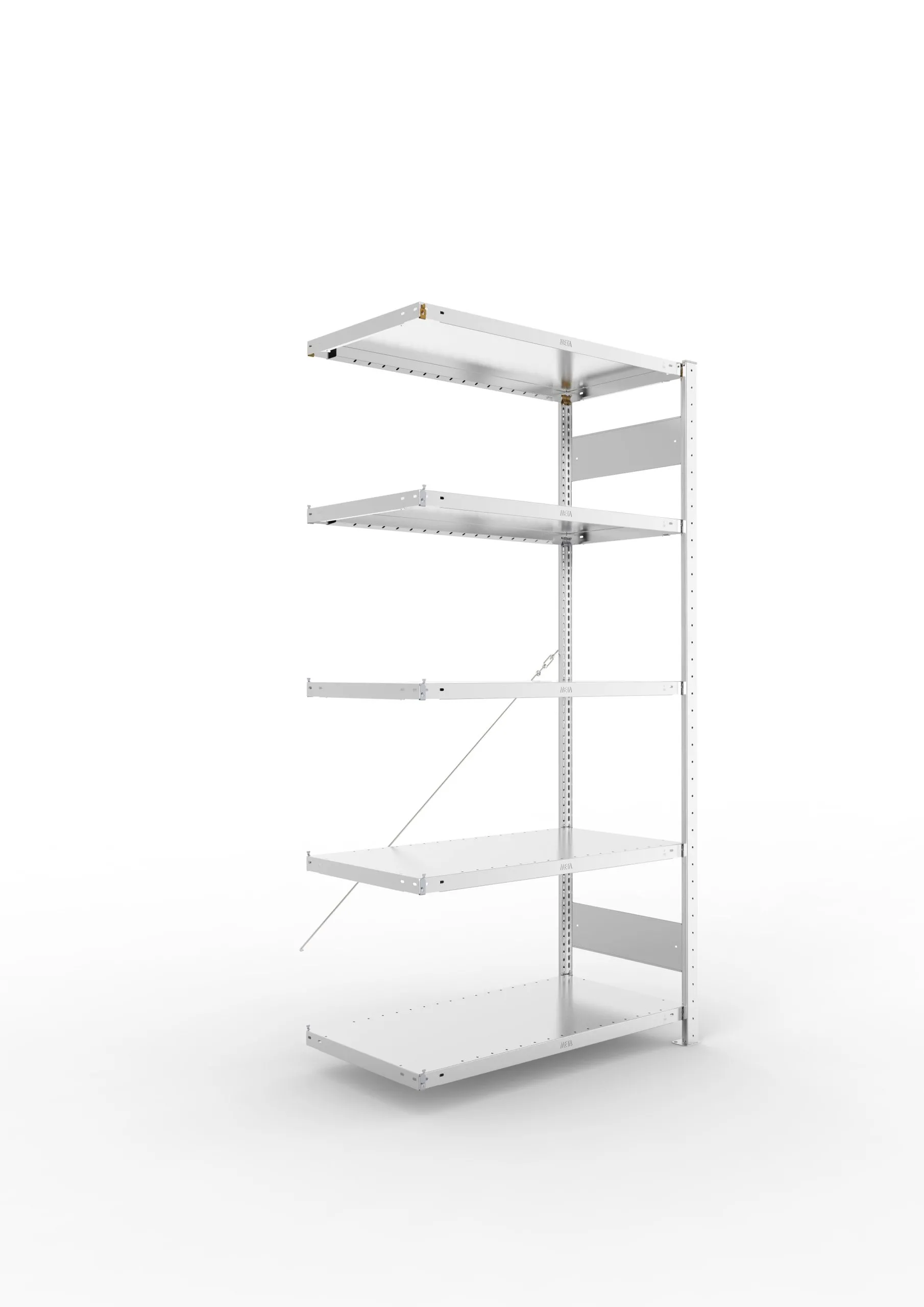 Meta Fachbodenregal Stecksystem CLIP mit vorgefertigten Rahmen | Anbauregal | HxBxT 200x100x50cm | 5 Ebenen | Fachlast 230kg | Einseitig nutzbar | Verzinkt