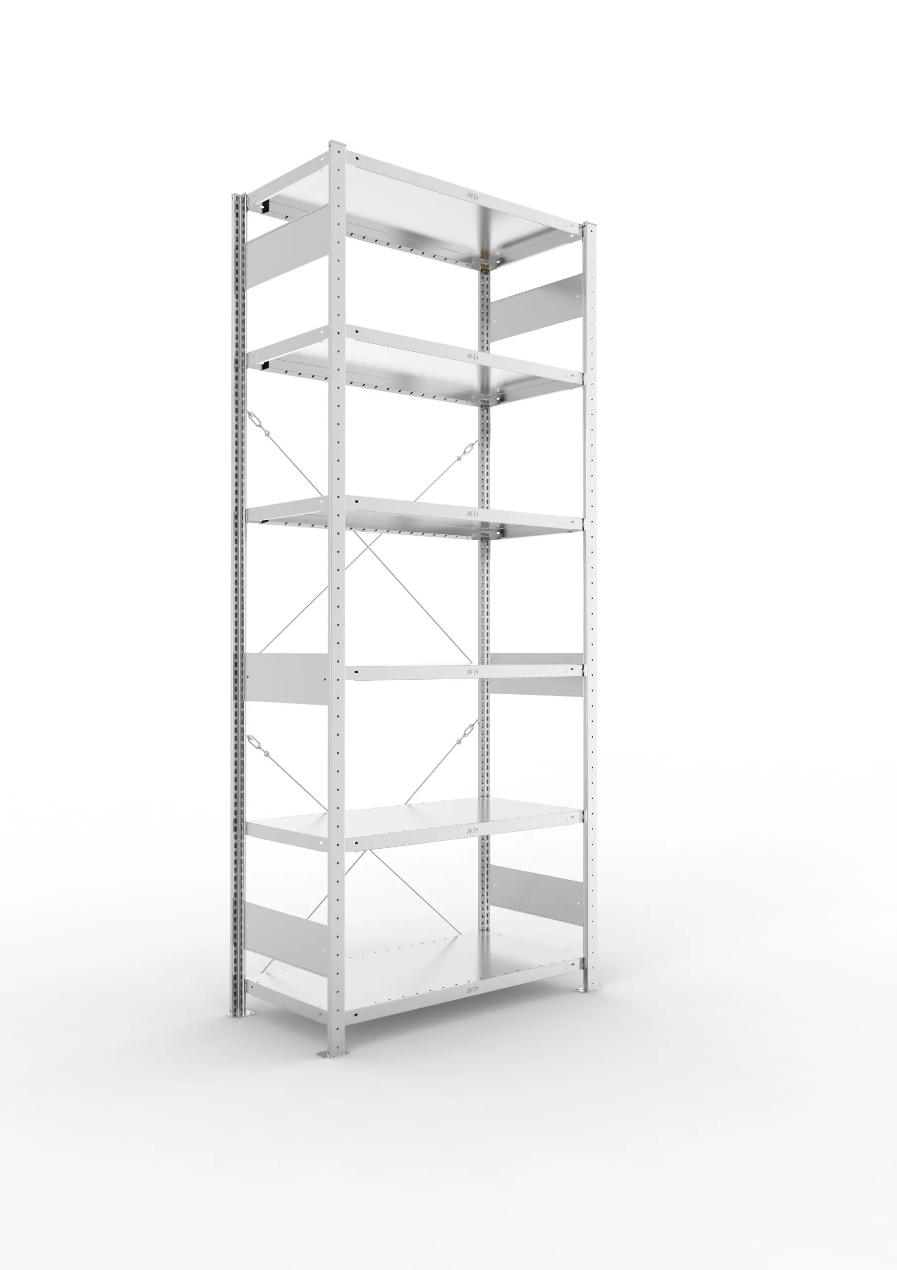 Meta Fachbodenregal Stecksystem CLIP mit vorgefertigten Rahmen | Grundregal | HxBxT 250x100x50cm | 6 Ebenen | Fachlast 230kg | Einseitig nutzbar | Verzinkt