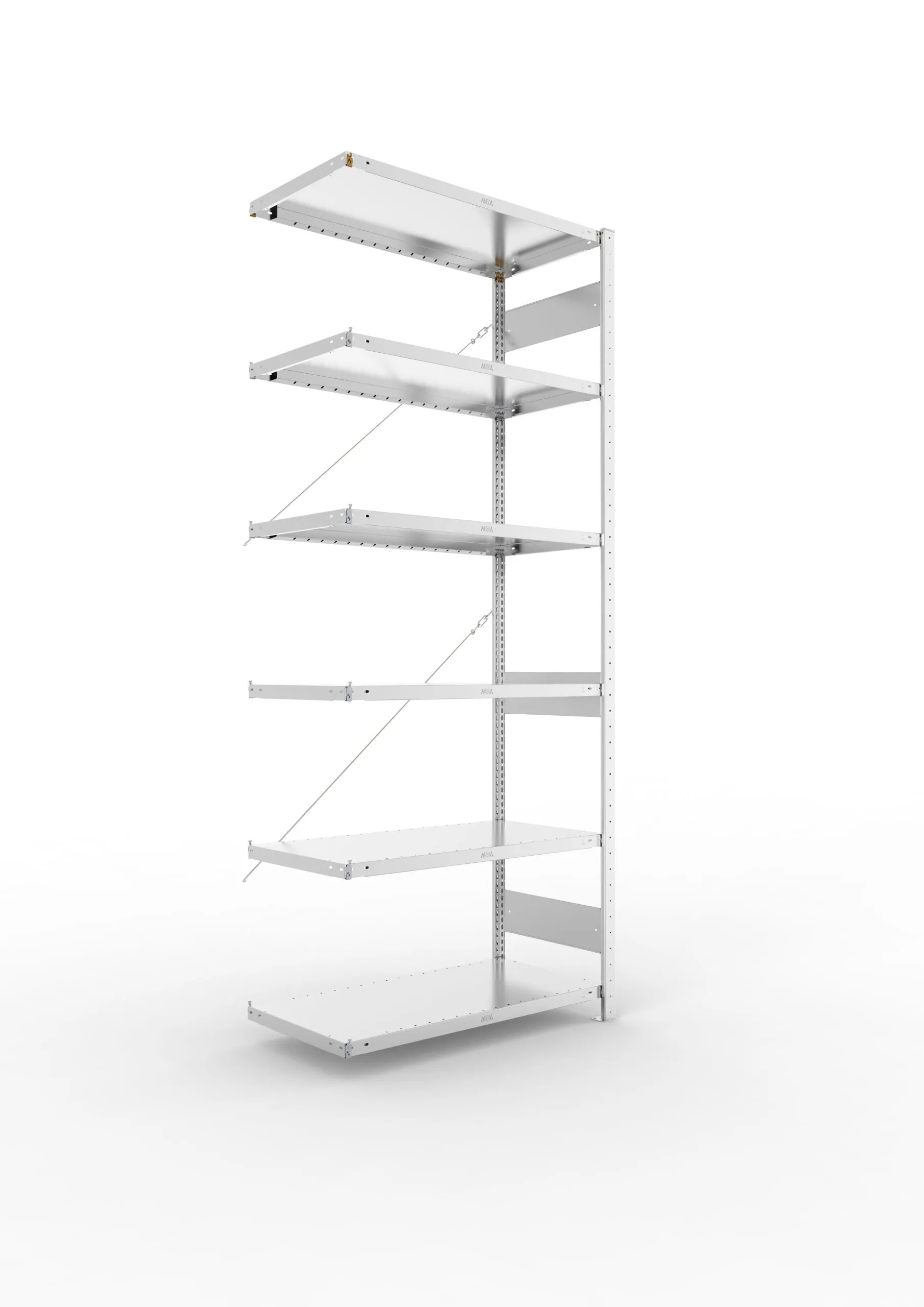 Meta Fachbodenregal Stecksystem CLIP mit vorgefertigten Rahmen | Anbauregal | HxBxT 250x100x50cm | 6 Ebenen | Fachlast 230kg | Einseitig nutzbar | Verzinkt
