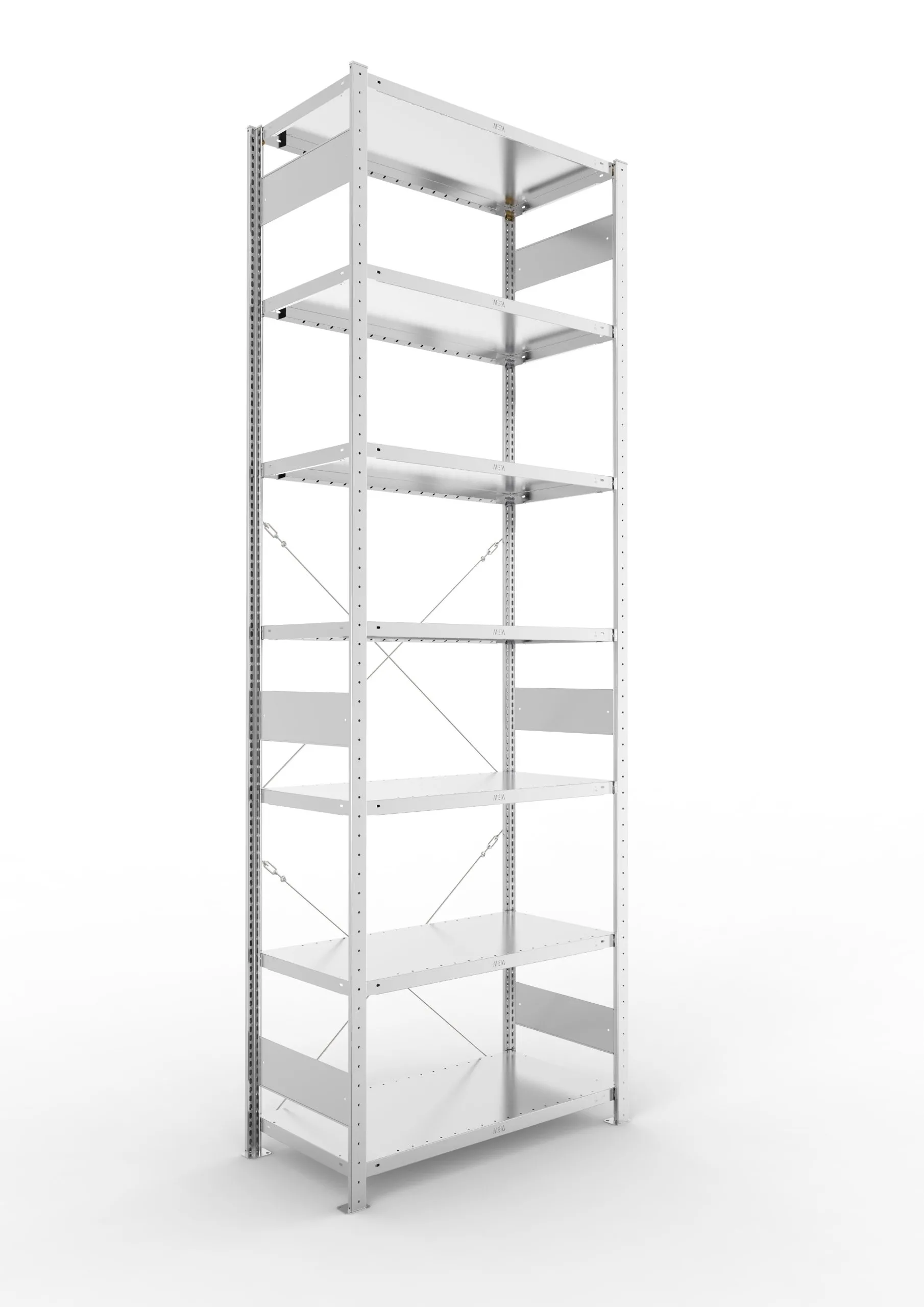 Meta Fachbodenregal Stecksystem CLIP mit vorgefertigten Rahmen | Grundregal | HxBxT 300x100x50cm | 7 Ebenen | Fachlast 230kg | Einseitig nutzbar | Verzinkt