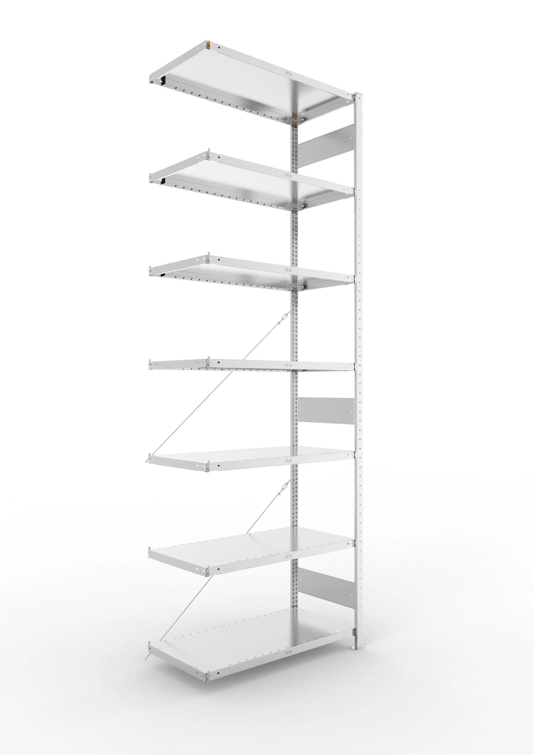 Meta Fachbodenregal Stecksystem CLIP mit vorgefertigten Rahmen | Anbauregal | HxBxT 300x100x50cm | 7 Ebenen | Fachlast 230kg | Einseitig nutzbar | Verzinkt
