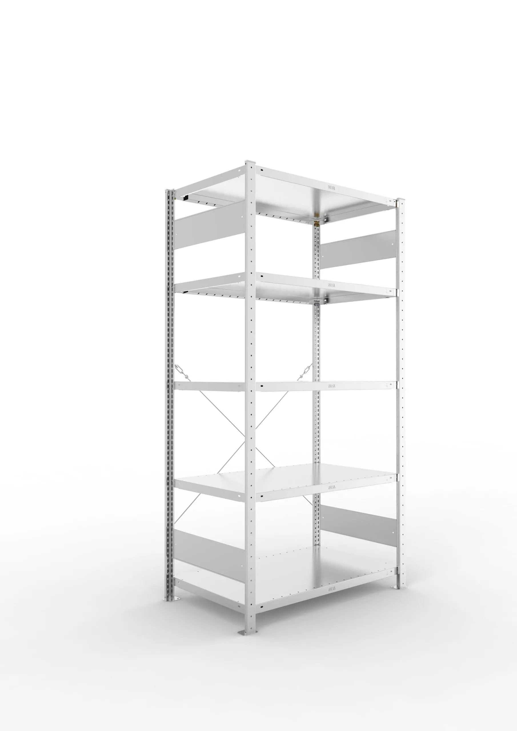 Meta Fachbodenregal Stecksystem CLIP mit vorgefertigten Rahmen | Grundregal | HxBxT 200x100x60cm | 5 Ebenen | Fachlast 230kg | Einseitig nutzbar | Verzinkt