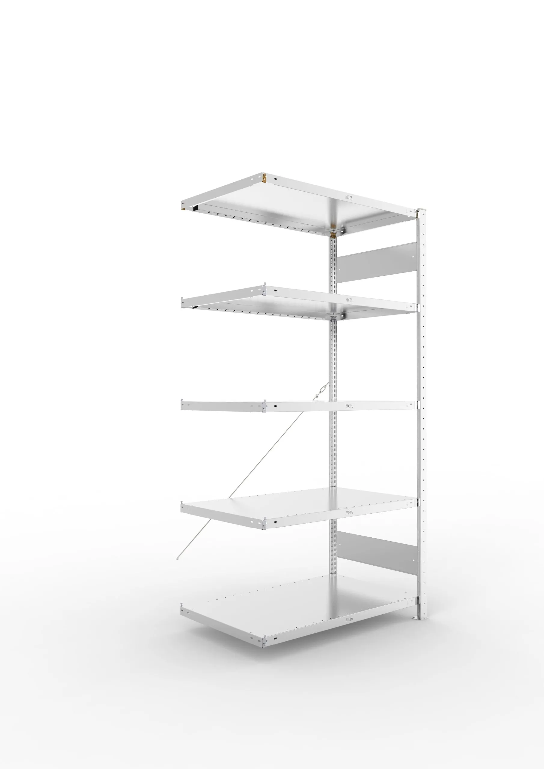 Meta Fachbodenregal Stecksystem CLIP mit vorgefertigten Rahmen | Anbauregal | HxBxT 200x100x60cm | 5 Ebenen | Fachlast 230kg | Einseitig nutzbar | Verzinkt