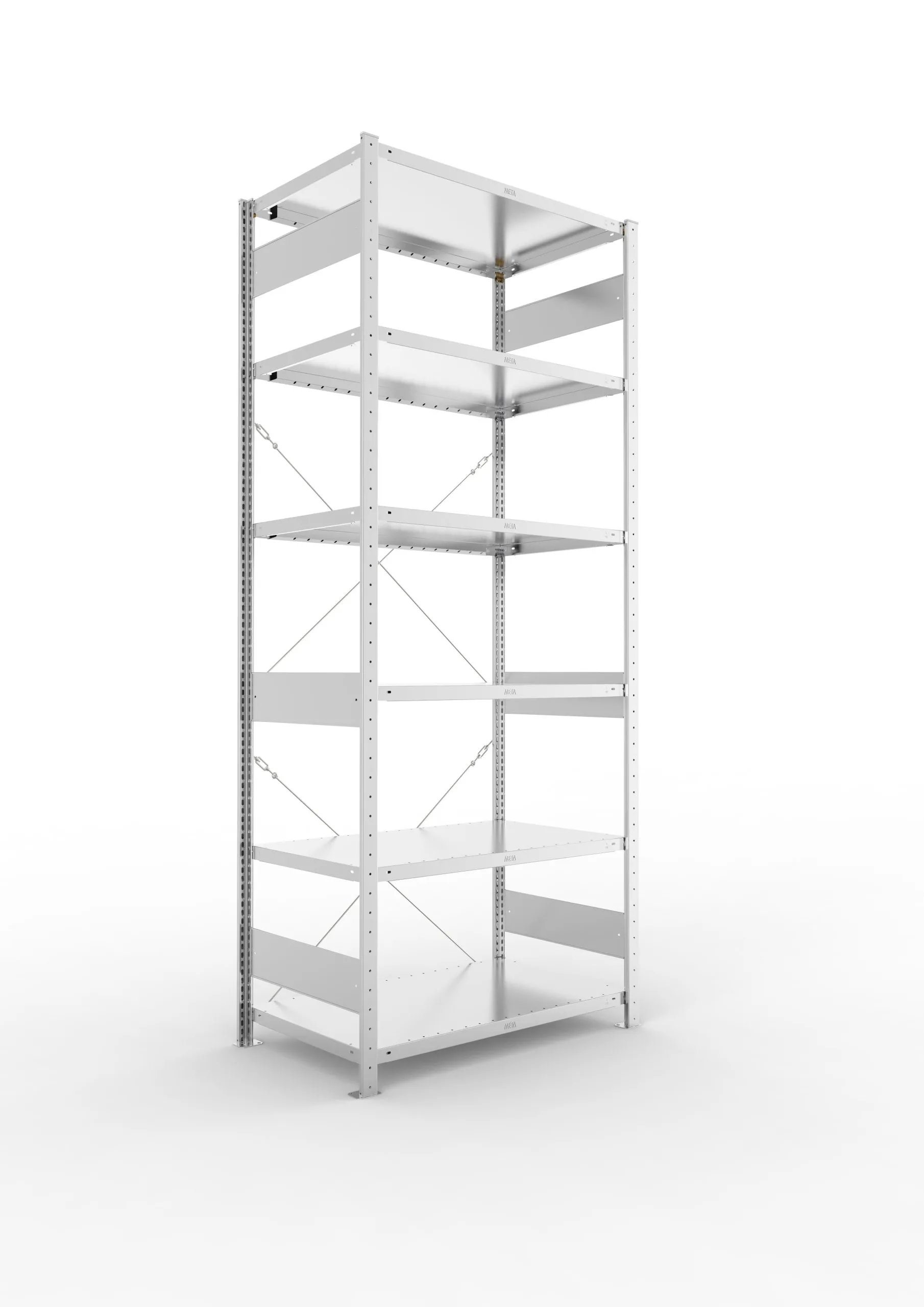 Meta Fachbodenregal Stecksystem CLIP mit vorgefertigten Rahmen | Grundregal | HxBxT 250x100x60cm | 6 Ebenen | Fachlast 230kg | Einseitig nutzbar | Verzinkt