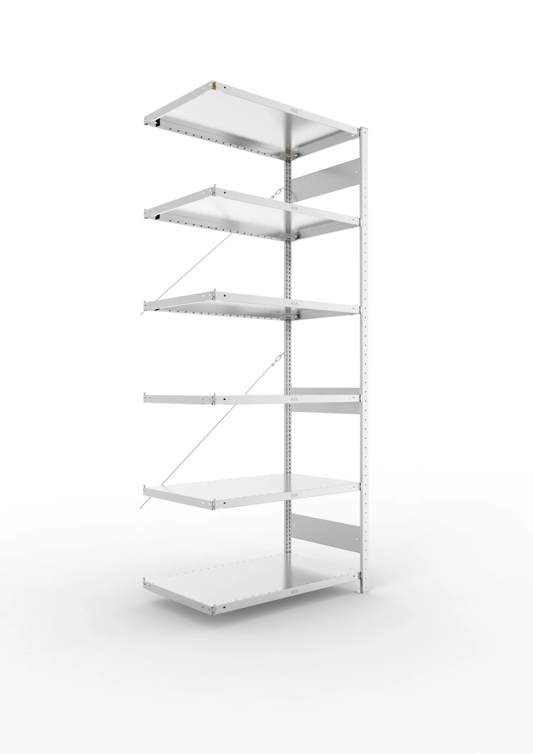 Meta Fachbodenregal Stecksystem CLIP mit vorgefertigten Rahmen | Anbauregal | HxBxT 250x100x60cm | 6 Ebenen | Fachlast 230kg | Einseitig nutzbar | Verzinkt