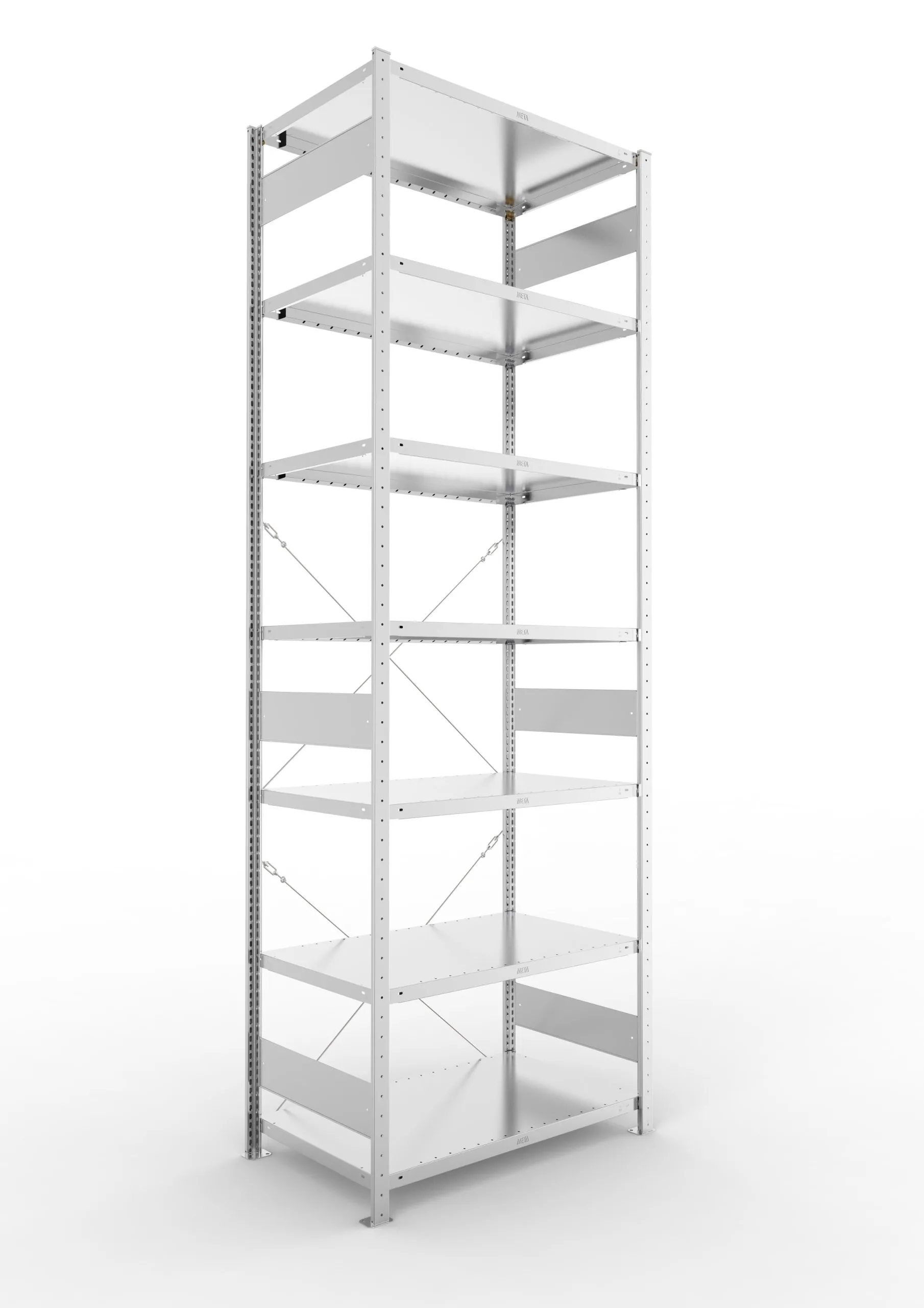 Meta Fachbodenregal Stecksystem CLIP mit vorgefertigten Rahmen | Grundregal | HxBxT 300x100x60cm | 7 Ebenen | Fachlast 230kg | Einseitig nutzbar | Verzinkt